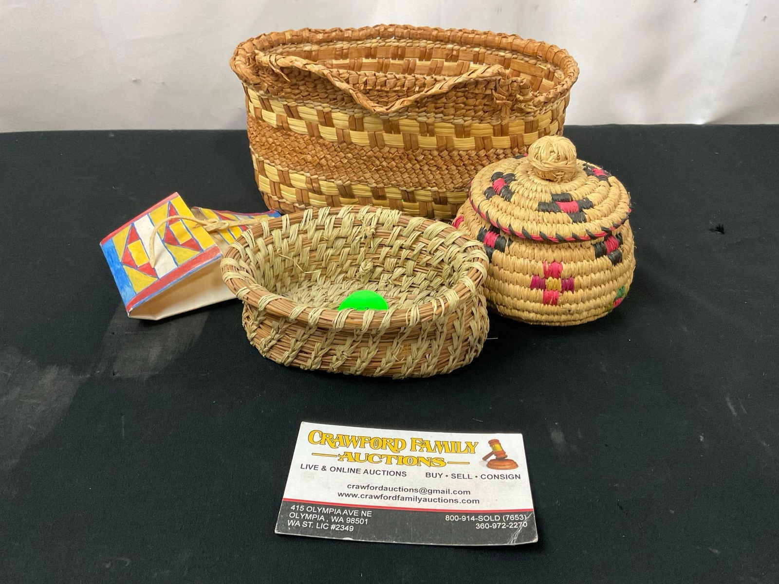 Native American Made, 2 Small Baskets, Painted Rawhide, Small Container w/ lid (1 of 4)