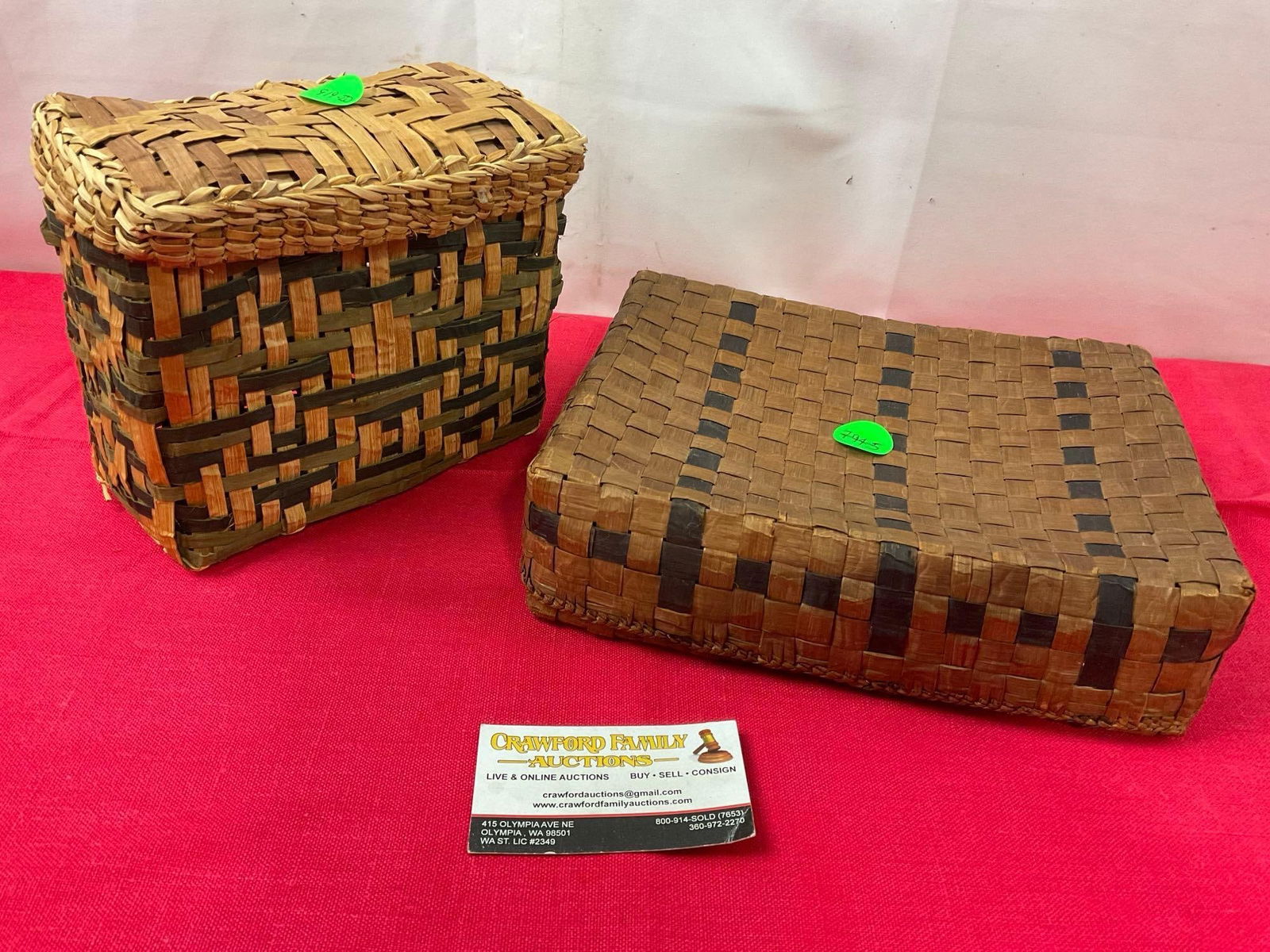 Pair of Native American Baskets, Reeds natural w/ dyed designs, larger is 10 x 8 inches (1 of 5)
