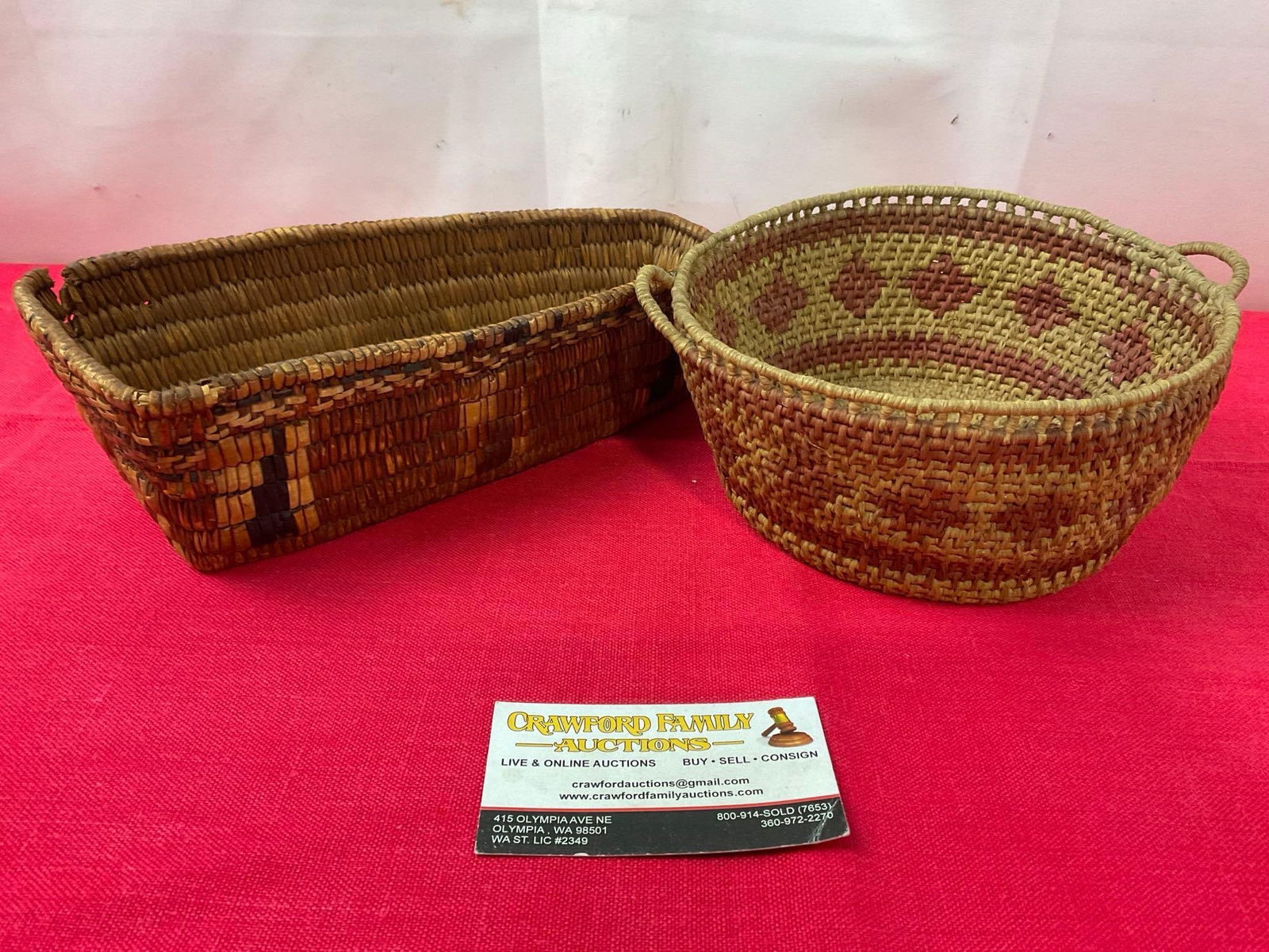 Pair of Native American Made Baskets w/ two tone designs, larger measures 11 x 5 inches (1 of 3)