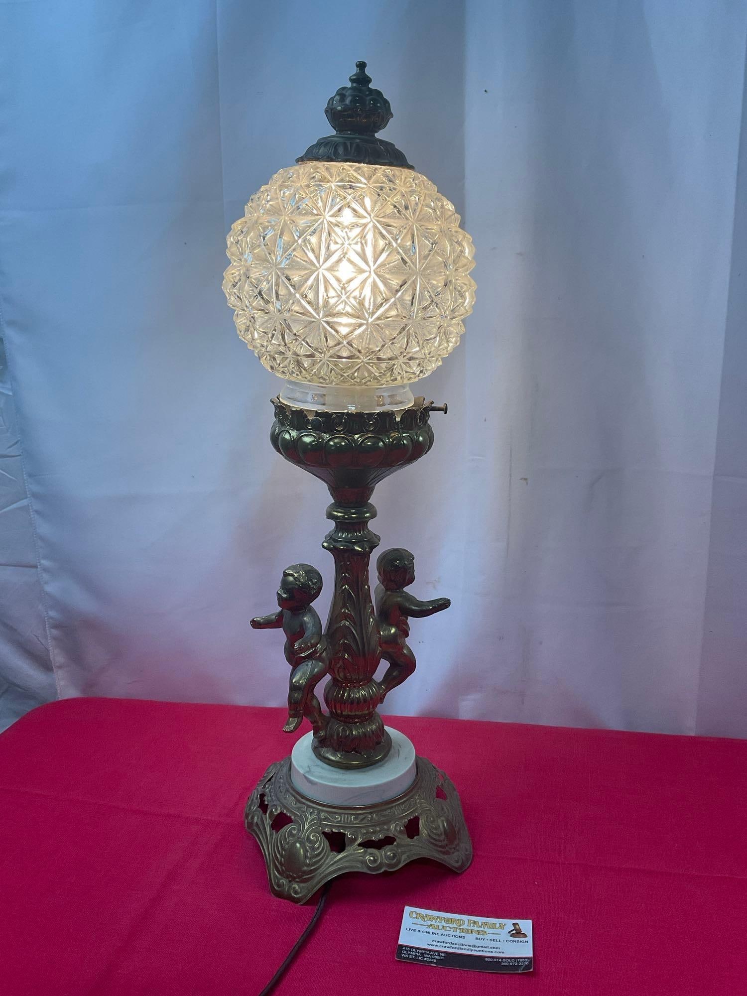 Vintage Brass & Glass Lamp w/ Cherub Design and Marble Adorned Base, 22 inches tall, tested, work... (1 of 4)