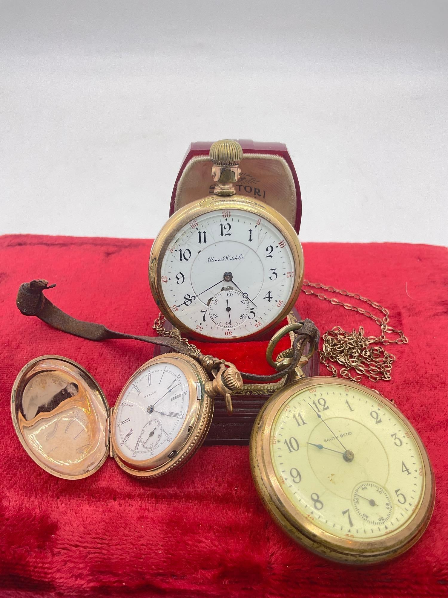 3x vintage Pocket watches Illinois GP Watch Co 17 Jewel Pocket Watch , South Bend & Atlas women's (1 of 6)