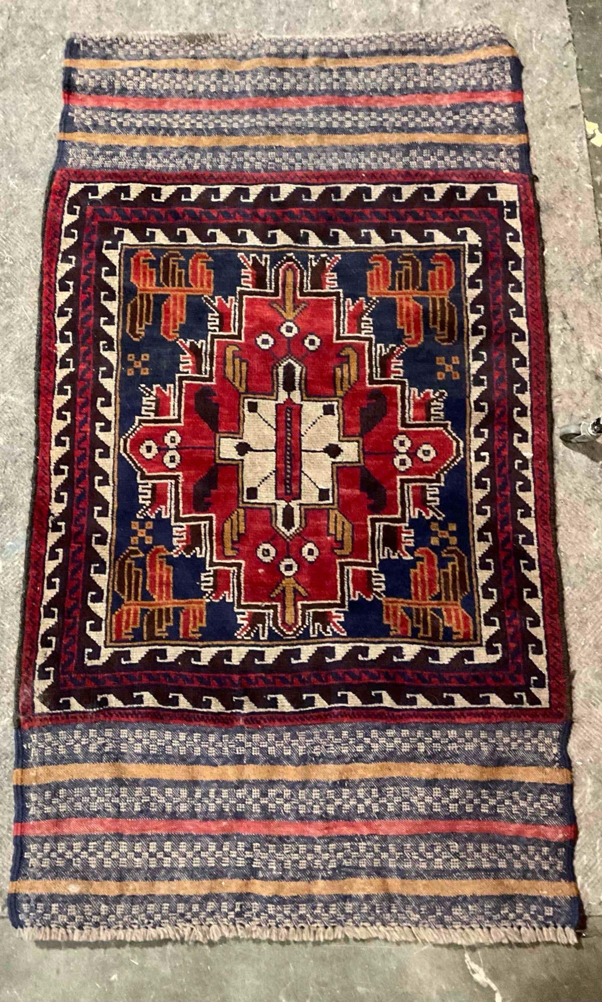 Handsome Vintage Afghan Wool Woven Tapestry w/ Repeating Wave Pattern. Measures 60" x 32" See pics. (1 of 6)