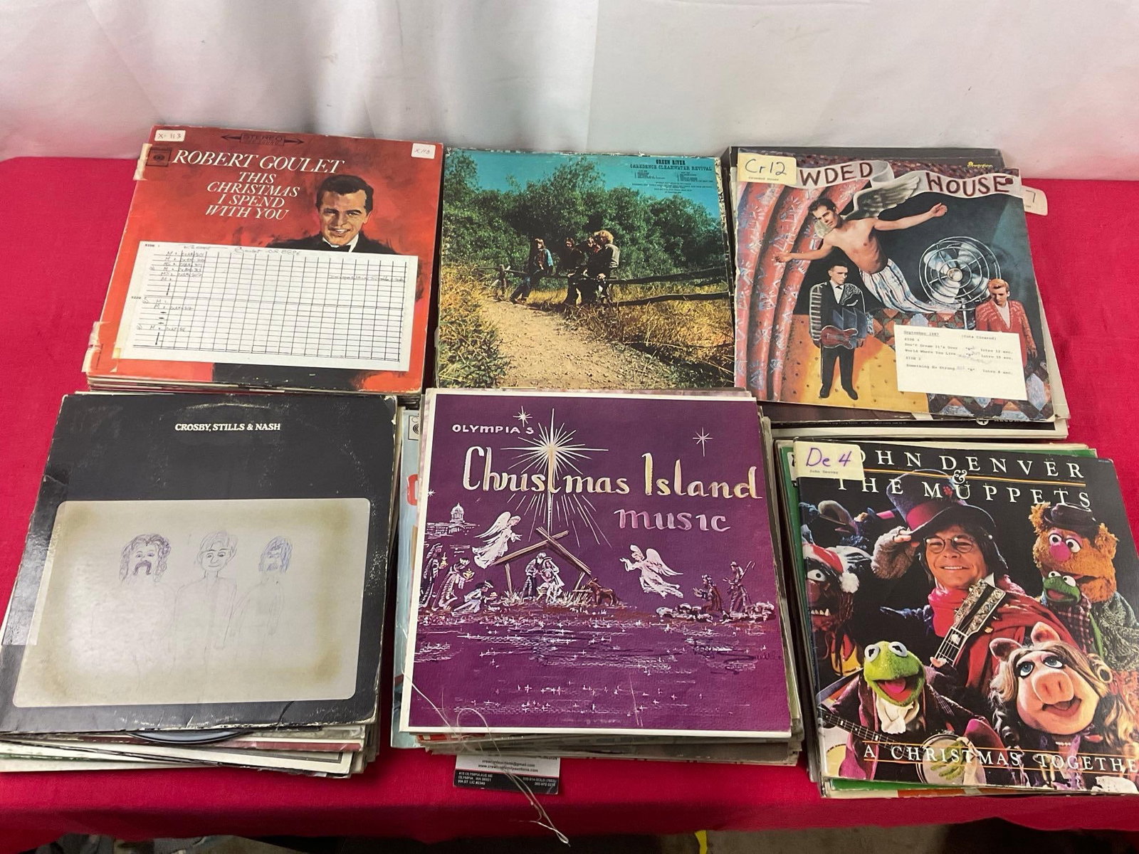 50-60 Vintage Records from Local Radio Station KGY, incl. Crosby, Stills & Nash, John Denver&Mupp...: Appears to have some wear from over the years, from the KGY local radio station in Olympia. Some promotional, a lot are marked with a card with notes for radio. Should still work, as these have been p