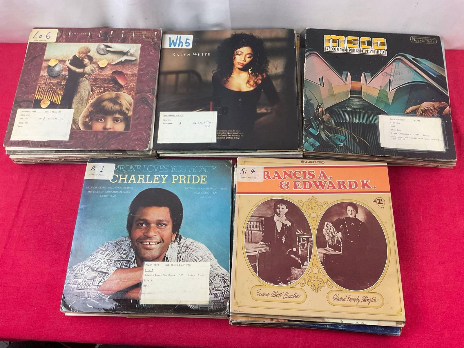 50-60 Vintage Records from Local Radio Station KGY, incl Charley Pride, Karyn White, Guess That T...: Appears to have some wear from over the years, from the KGY local radio station in Olympia. Some promotional, a lot are marked with a card with notes for radio. Should still work, as these have been p