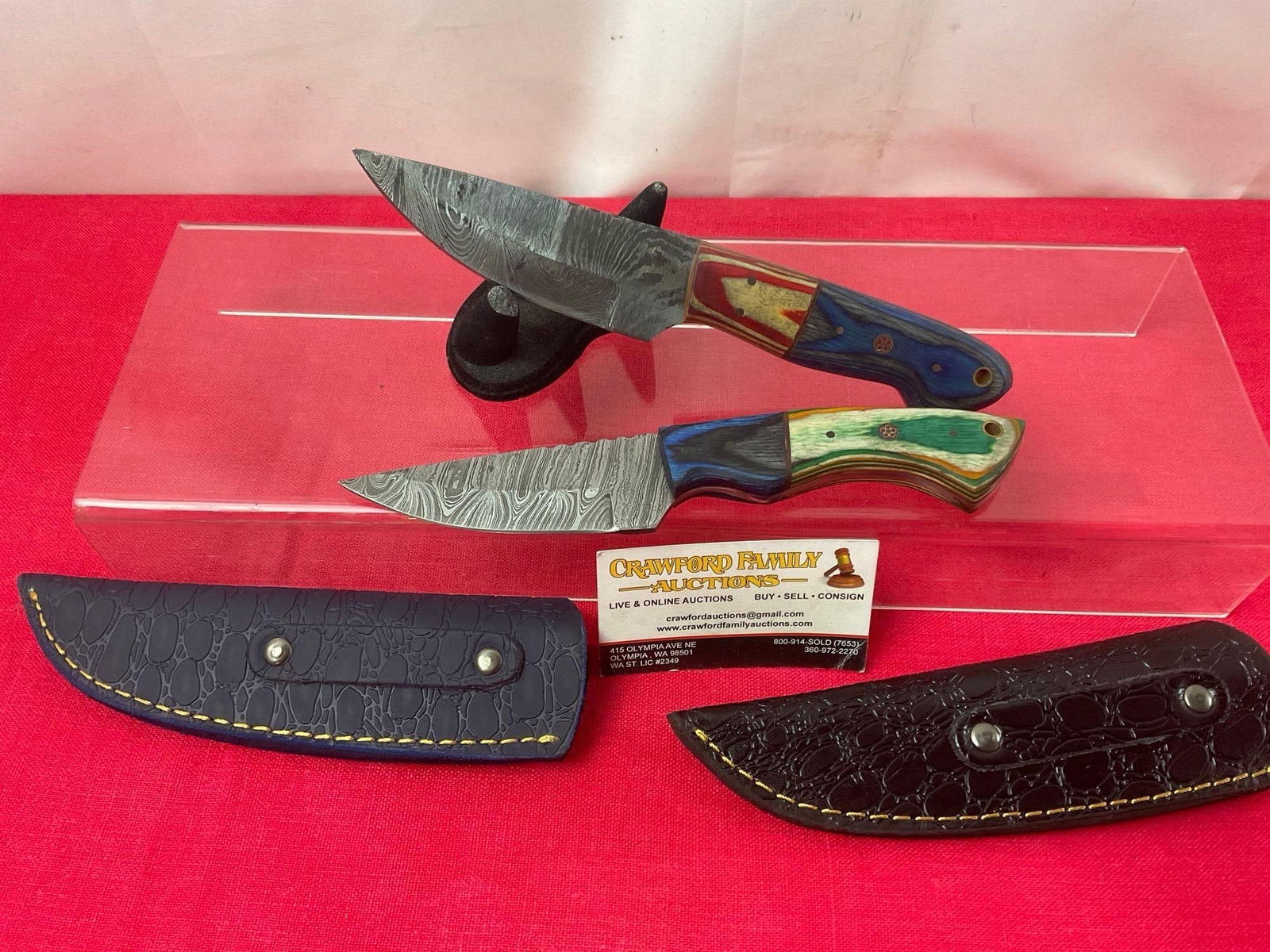 Pair of Handmade Damascus Knives w/ Leather Sheaths, 4 inch blades, dyed wooden handles (1 of 3)