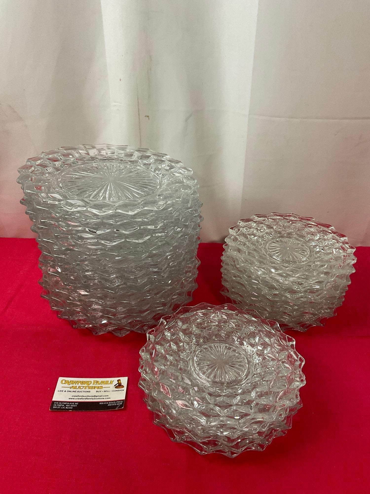 Antique Fostoria American Clear pattern 32 plates, Lunch and Dinner Sized: Appears to be in good shape. The largest plate measures approx 9.5 inches. See pics. E-3290