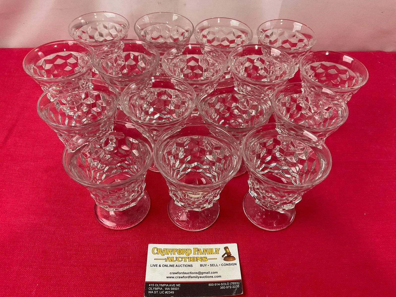 Antique Fostoria American Clear pattern, footed goblets, Small, about 3-3.5 inches tall, 16 pieces: Appears to be in good shape. The largest piece measures approx 3-3.5 inches tall. See pics. E-3290
