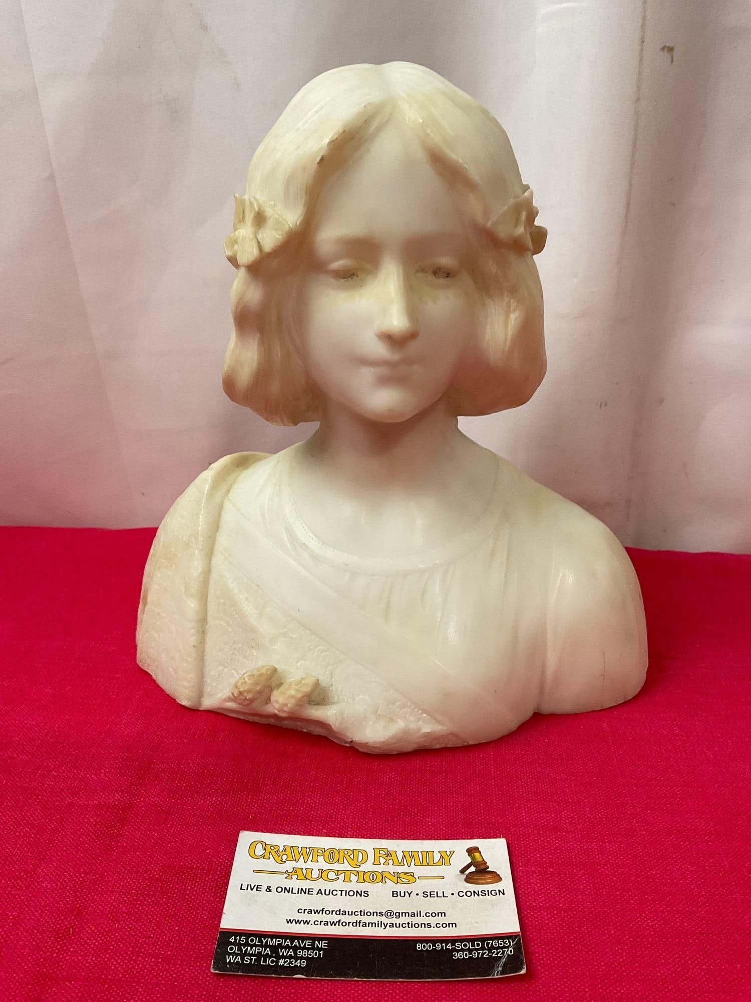 Carved Alabaster Bust of a Young Woman, 9.75 inches tall, Braided Hair & robe: Appears to be in good shape. The piece measures approx 9.75h x 9w x 6d inches. See pics. E-3410