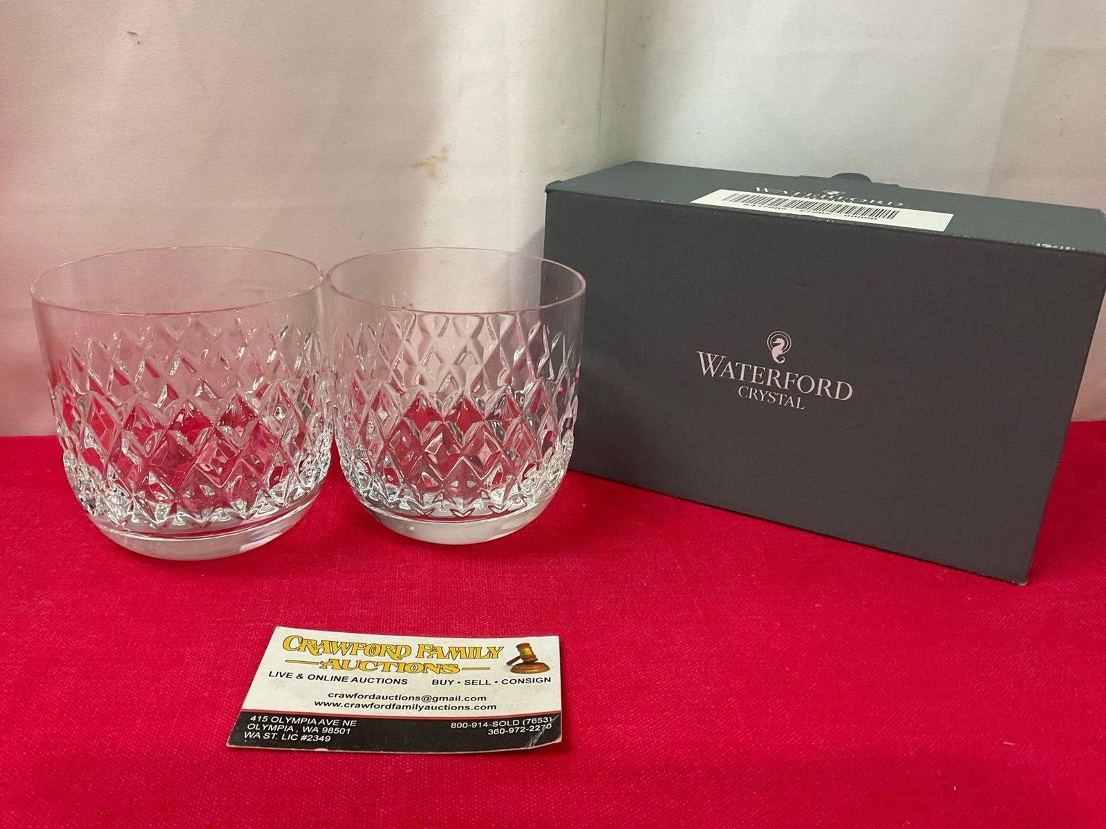 Waterford Crystal, Pair of Dorrance Old Fashioned Glasses, in original box, 4 inches tall: Appears to be in good shape. Each piece is marked on the bottom. The pieces measure approx 4h x 4d inches. See pics. E-3410