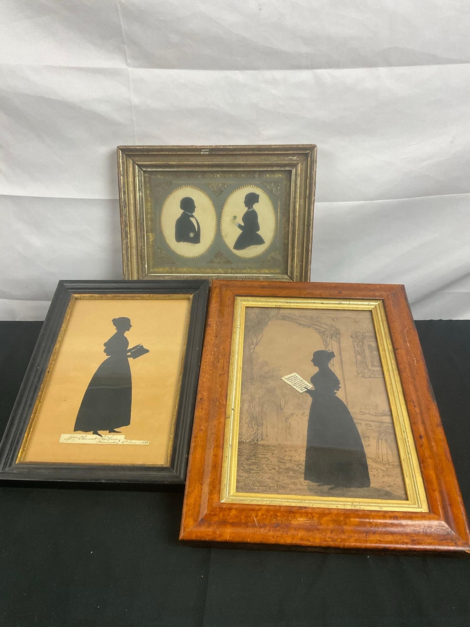 Trio of Antique Framed Silhouettes incl. 1838 In Burled Frame, Clement Redfern 1838, & Couple Dual (1 of 7)