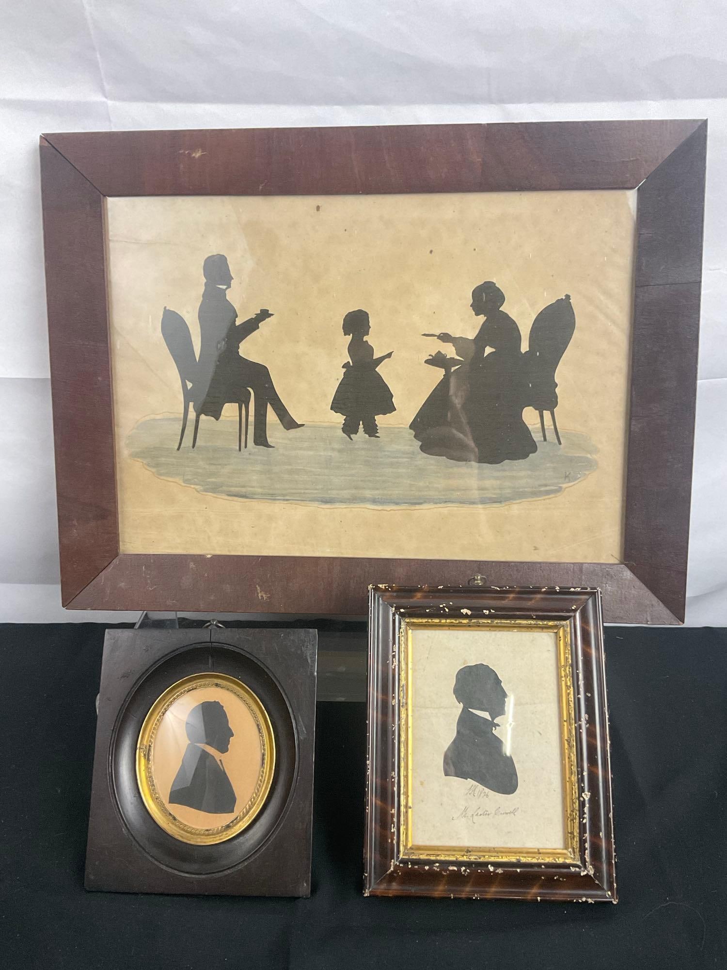 Trio of Antique Framed Silhouettes incl. Family of 3, & 2x Men Portraits - See pics (1 of 7)