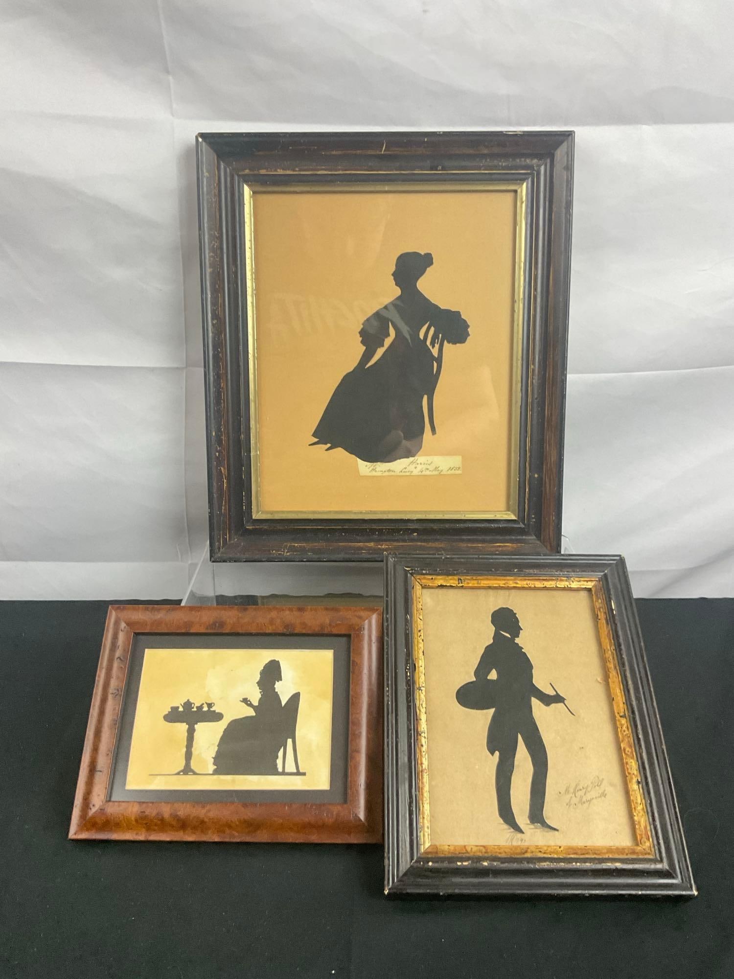 Trio of Antique Framed Silhouettes incl. Woman Sitting, Woman Having Tea, & Painter - See pics (1 of 6)
