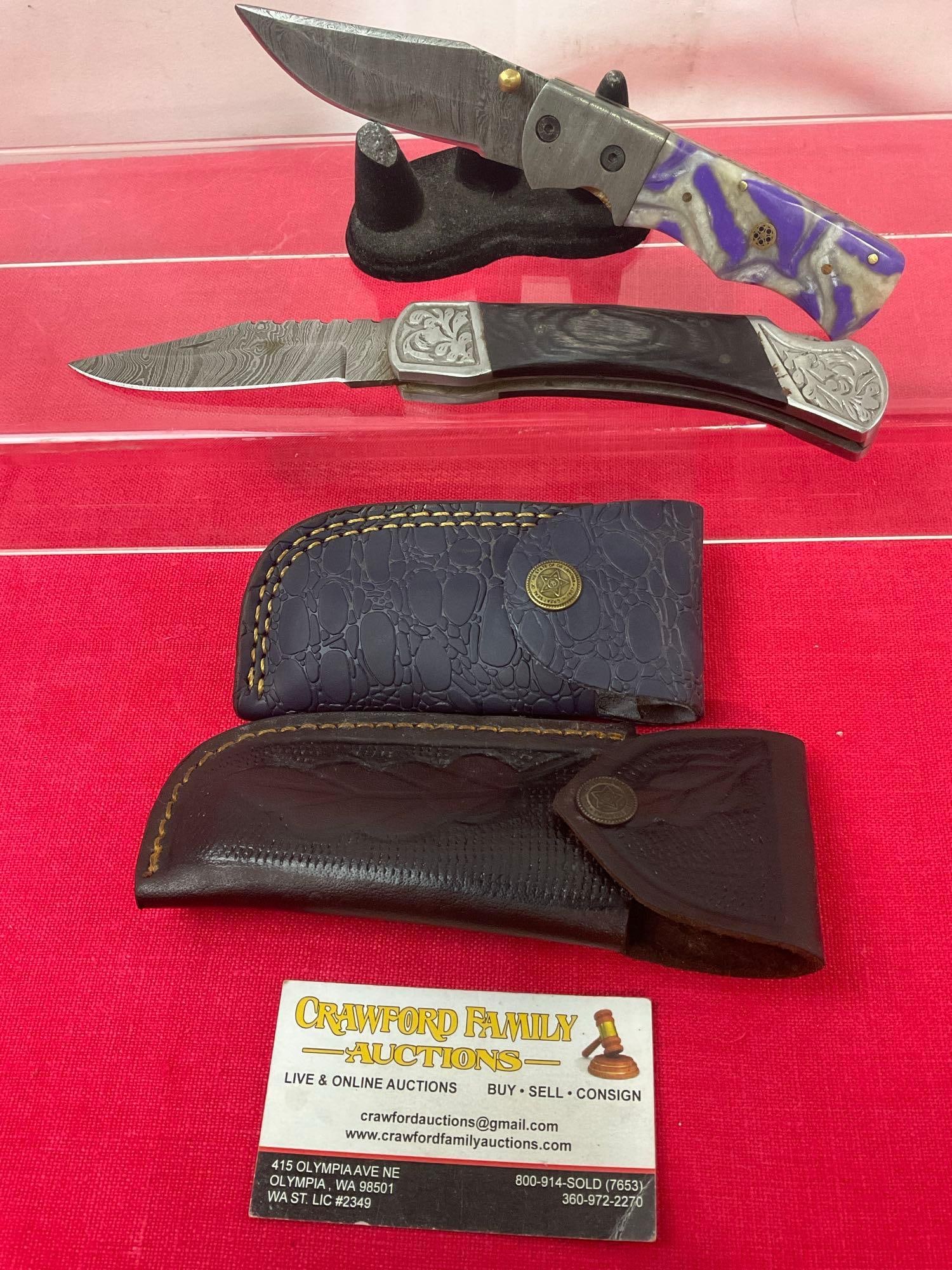 Pair of Handmade Damascus Knives w/ Leather Sheaths, Steel & wood & Resin Handles, 3 inch blades (1 of 3)