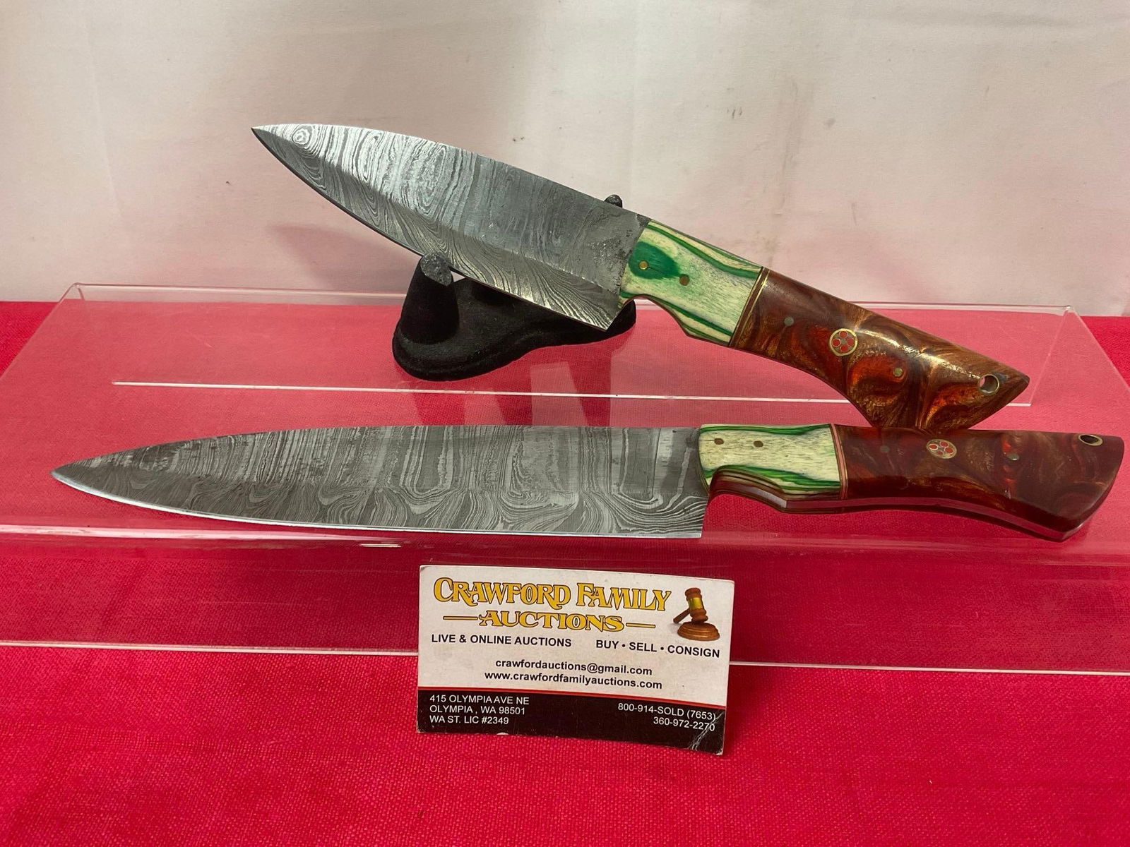 Pair of Handmade Damascus Knives, Chefs Knives, 6 & 8 in. long, Dyed Wood & Resin (1 of 3)