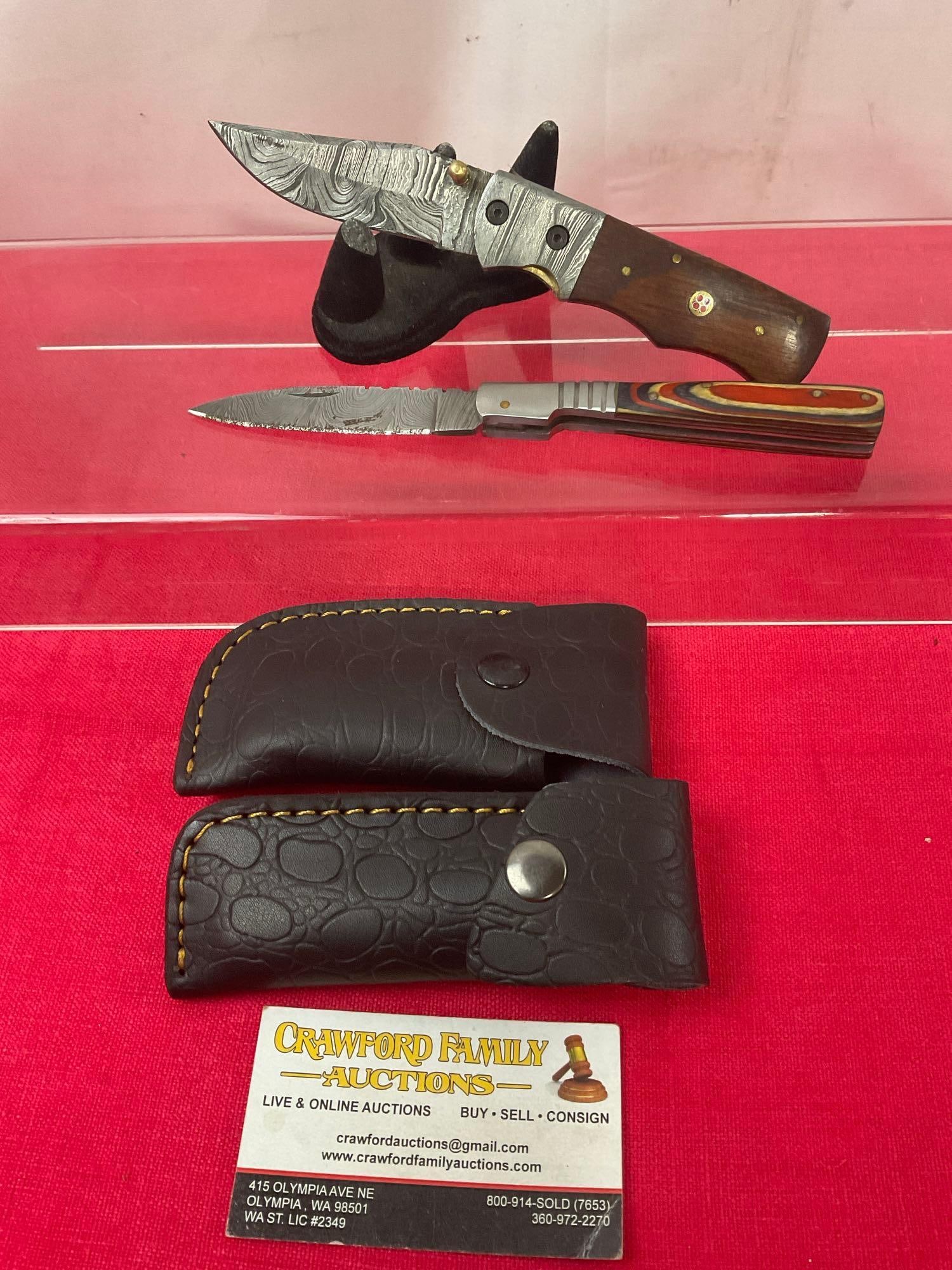 Pair of Handmade Damascus Folding Knives w/ Leather Sheaths, 3.5 inch blades, steel & wood handles (1 of 4)