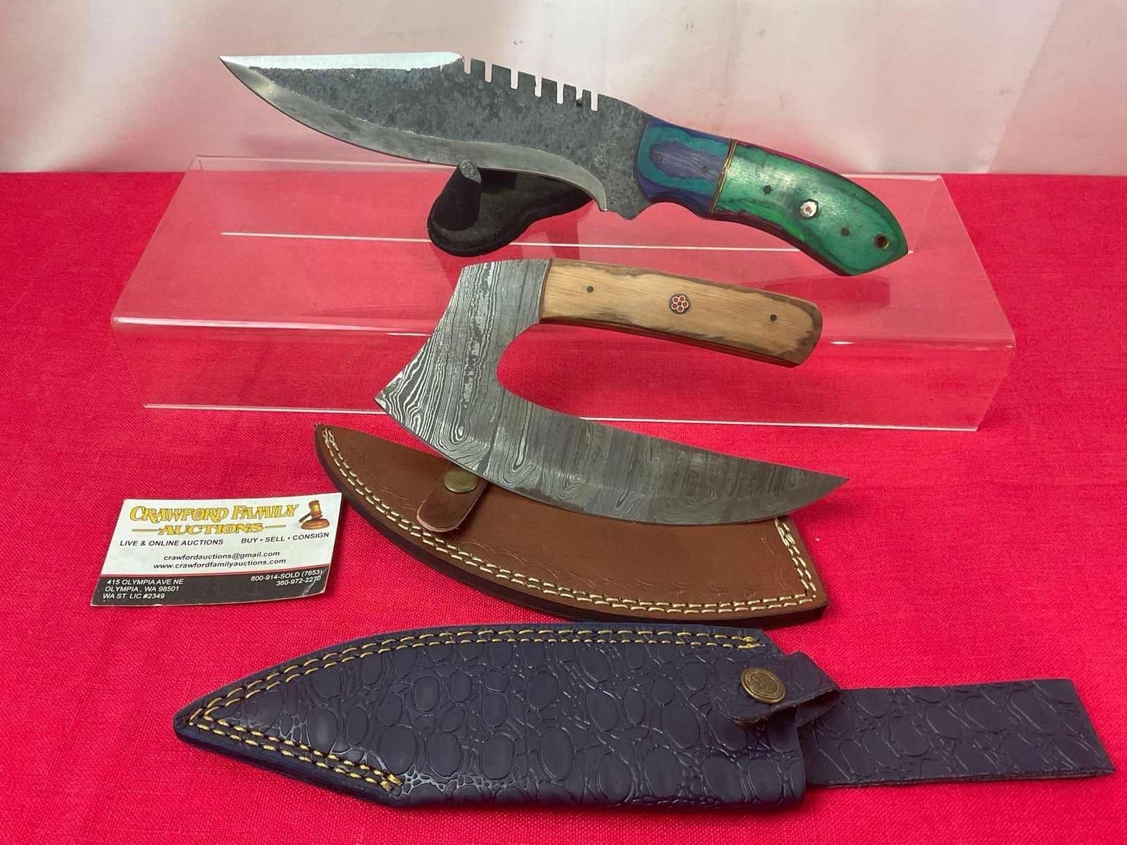 Pair of Handmade Damascus Knives w/ Leather Sheaths, Fist Axe & Hunting Knife, Wooden Handles (1 of 4)
