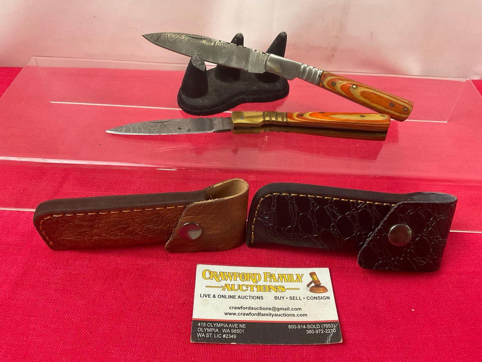 Pair of Handmade Damascus Folding Knives w/ Leather Sheaths, 3.5 inch blades, two tone wood handles (1 of 4)