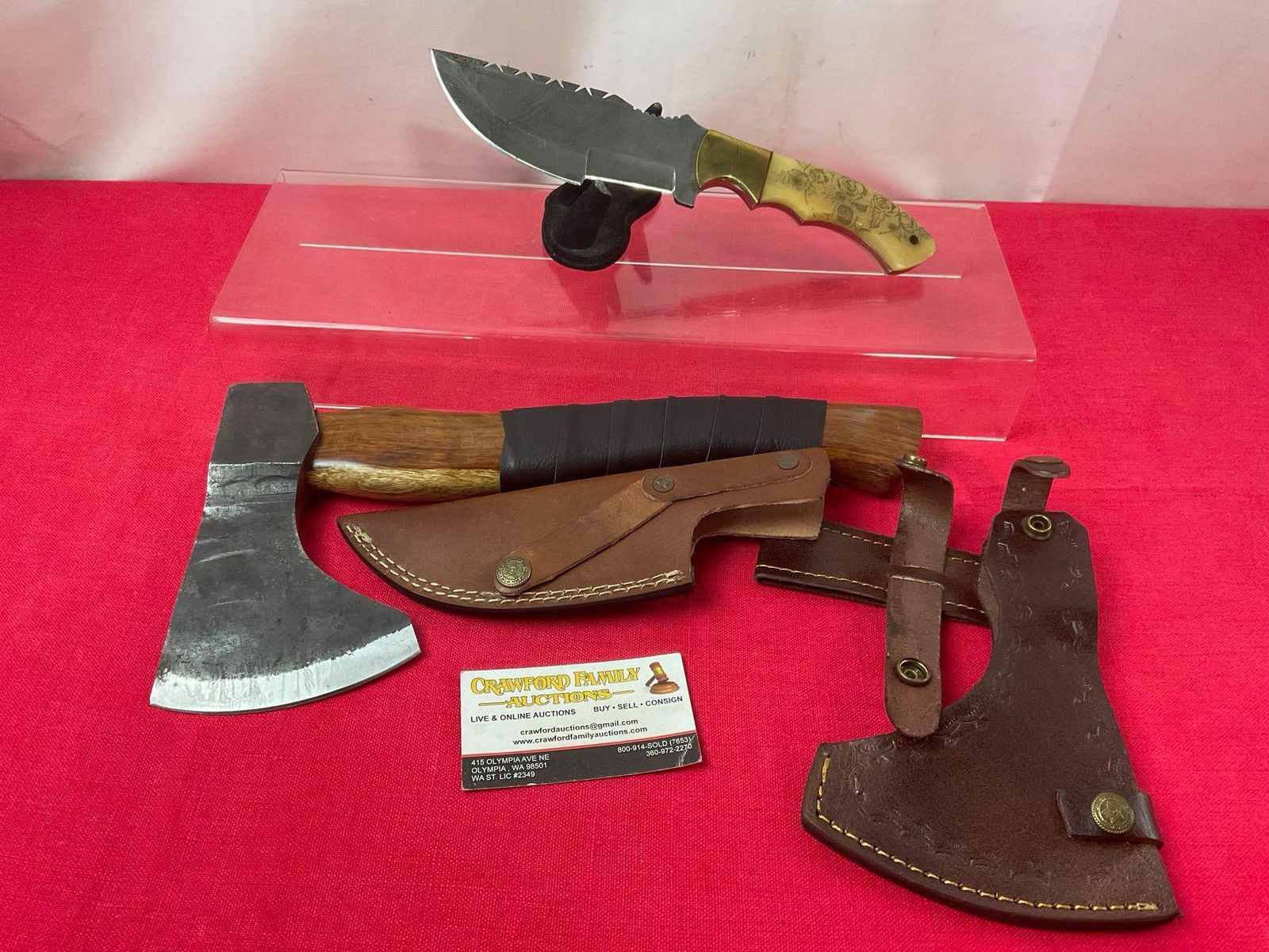 Pair of Handmade Damascus Knives w/ Leather Sheaths, Hunting Knives & Hatchet, 4-6 inch blades (1 of 5)