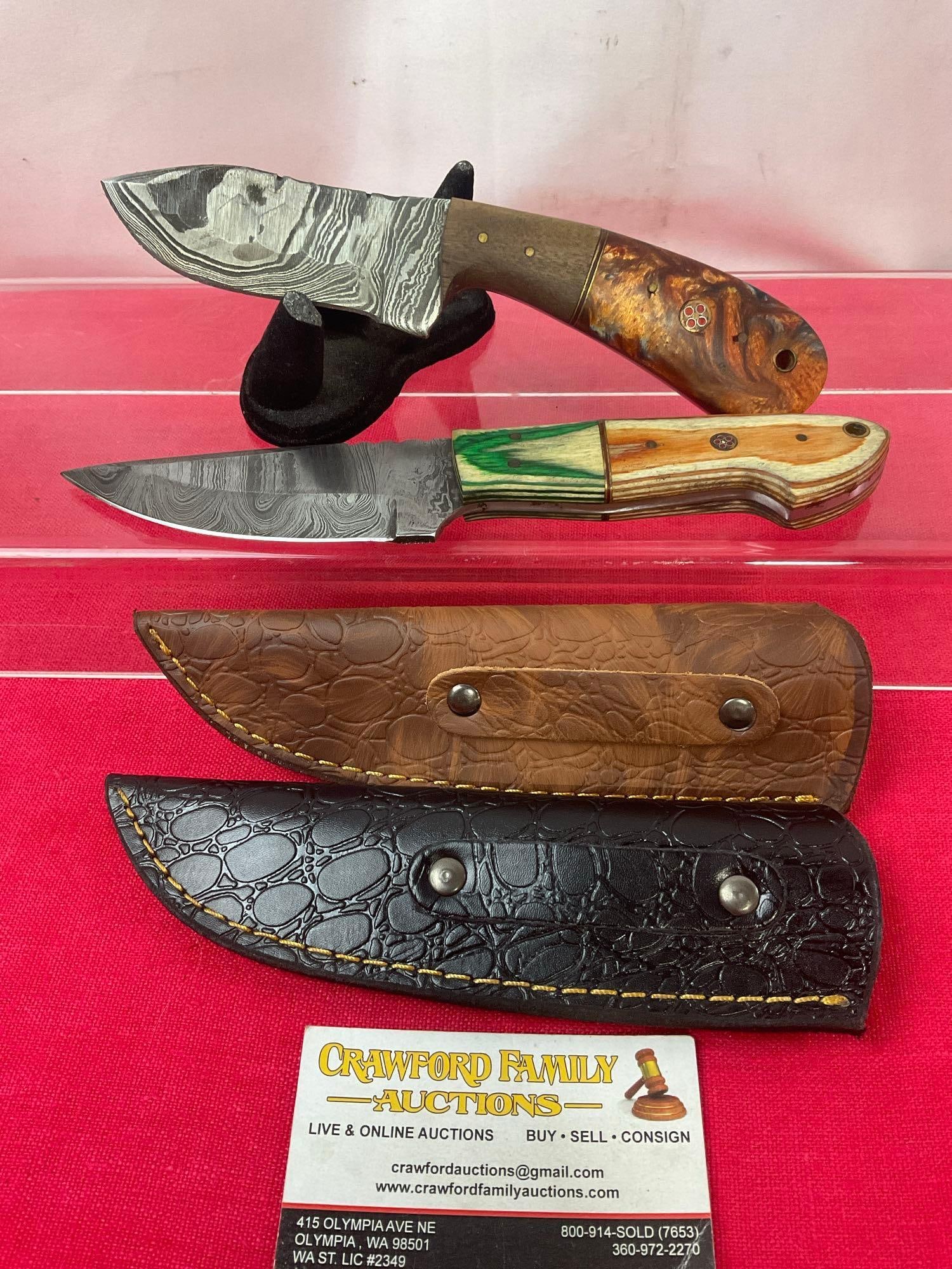 Pair of Handmade Damascus Knives w/ Leather Sheaths, 3.5-4 inch blades, carved wooden handles (1 of 3)