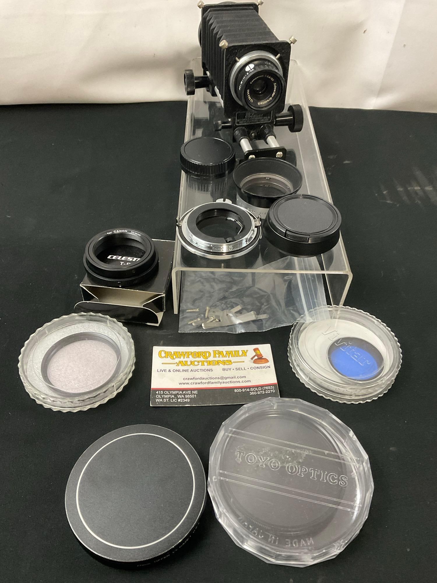 Schneider-Kreuznach Camera Lens Componon 1:5.6/60mm Telescoping, assorted filters & fittings: Appears to be in fair to good condition. See pics. E-414