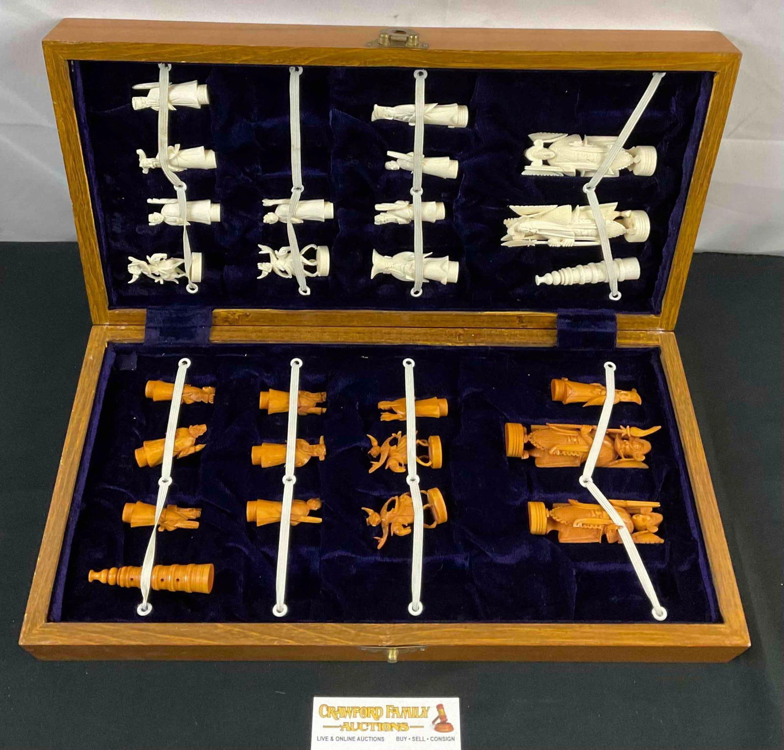 Vintage Chess Board Carrier Set w/ Ornately Carved Bone Game Pieces. Incomplete, As Is. See pics.: Vintage Chess Board Carrier Set w/ Ornately Carved Bone Game Pieces. Incomplete, As Is. Case is scratched, set is missing 6 game pieces. Sold as is. Measures 17" x 9" x 4" DM-2646