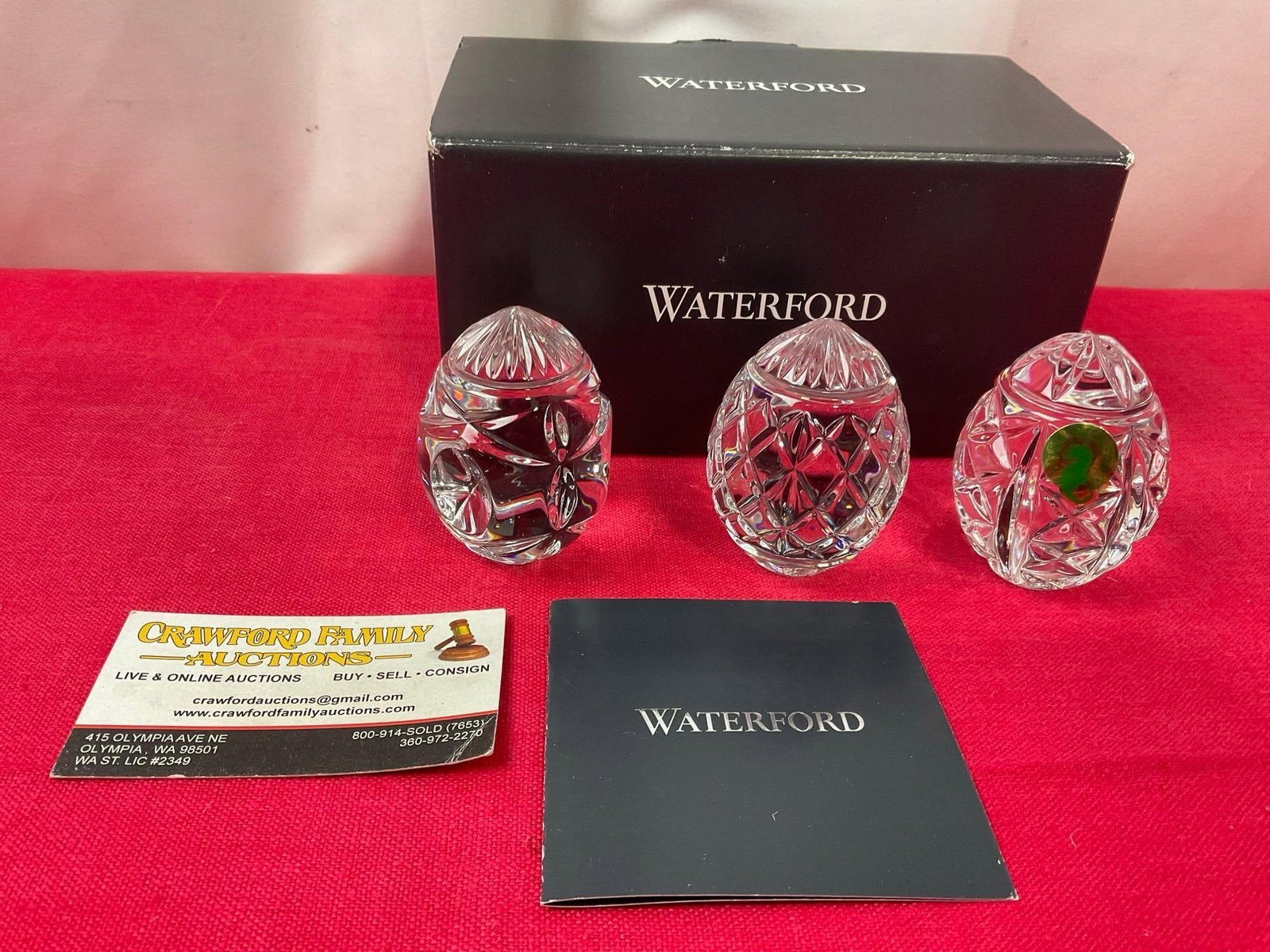 Waterford Crystal, Trio of Crystal Eggs, in original box, 2.5 inches tall, three patterns: Appears to be in good shape. The piece is marked on the bottom. The pieces measure approx 2.5 inches. See pics. E-3410