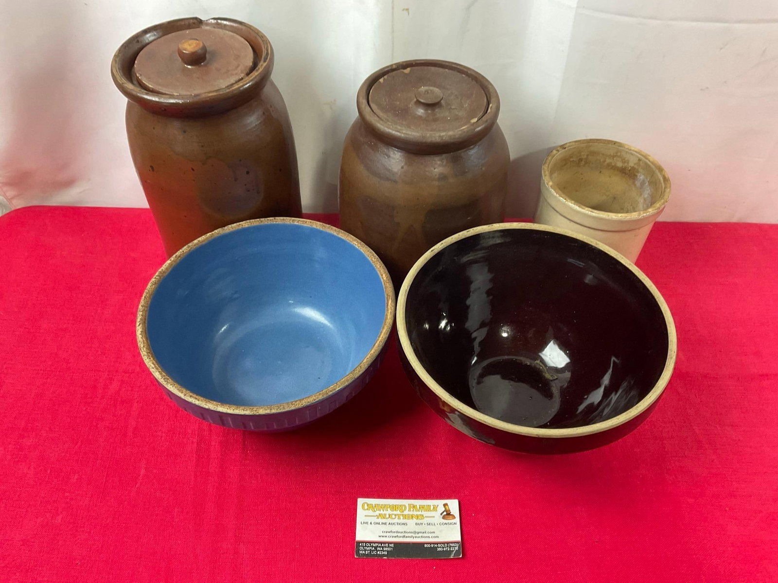 2 Lidded Large Crocks, 2 Stoneware Kitchen Bowls, & Small White Crock, tallest is 11 inches tall (1 of 3)