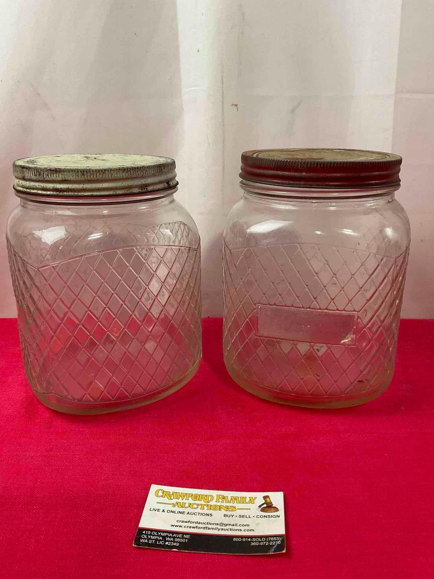 Pair of Vintage Glass Cookie Jars w/ lids, each measures 8h x 6w x 6d inches (1 of 7)