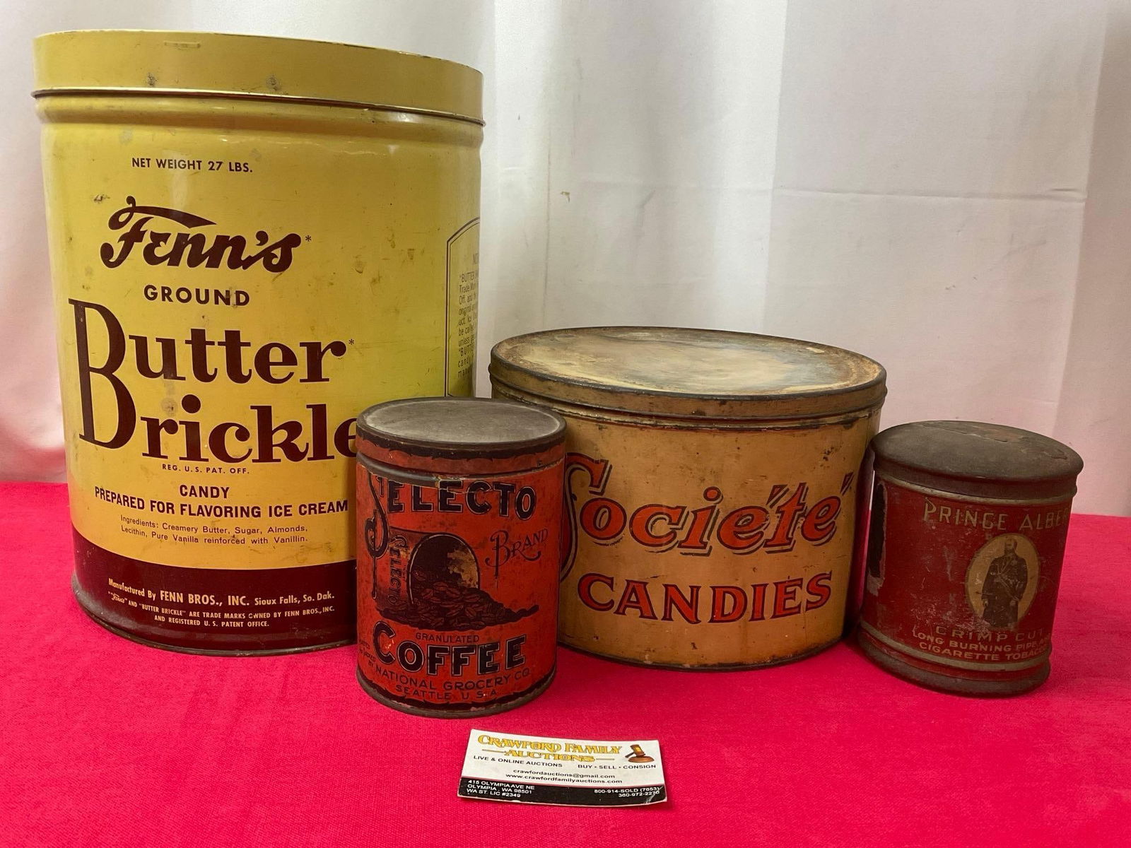Coffee & Candy Tins, Fenns Butter Brickle 13 inches tall, Societe, Selecto & Prince Albert tins (1 of 6)
