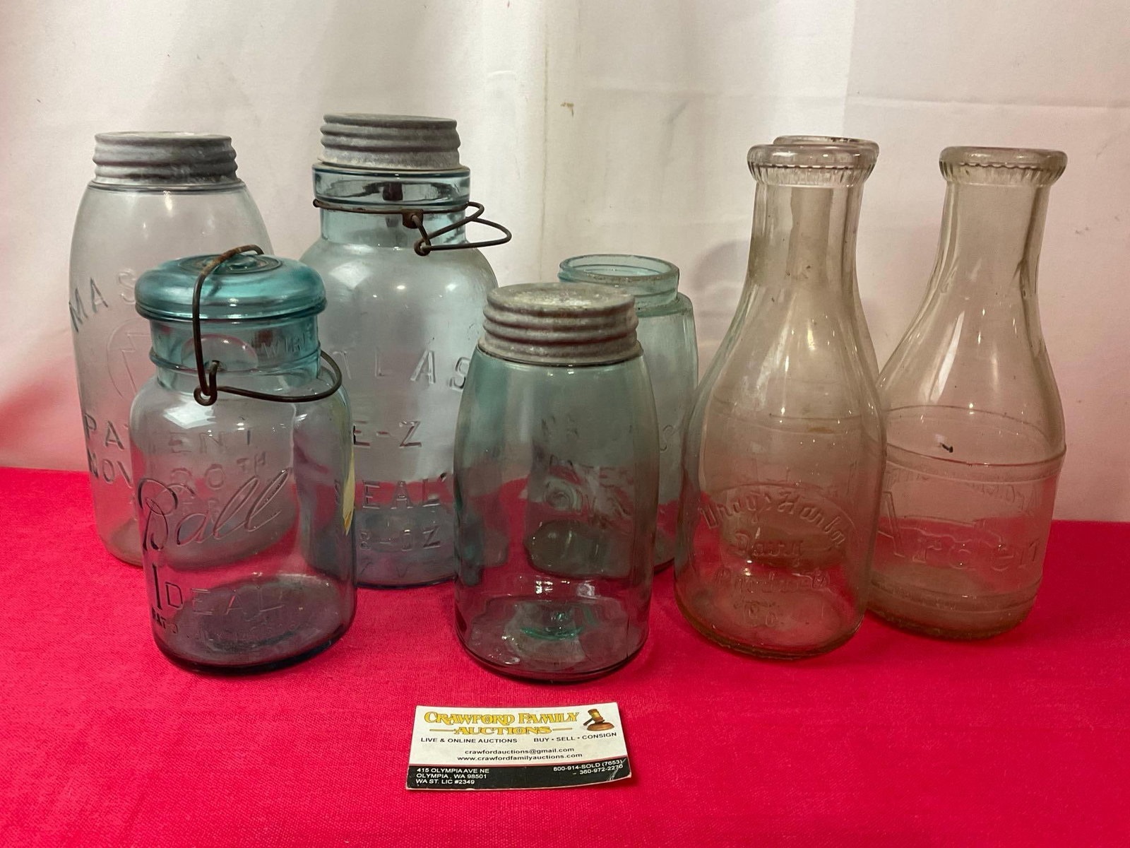 Ball, Arden, Atlas, Mason and more Branded Antique Glass Jars and Bottles, 7 pieces, 11 inches tall (1 of 5)