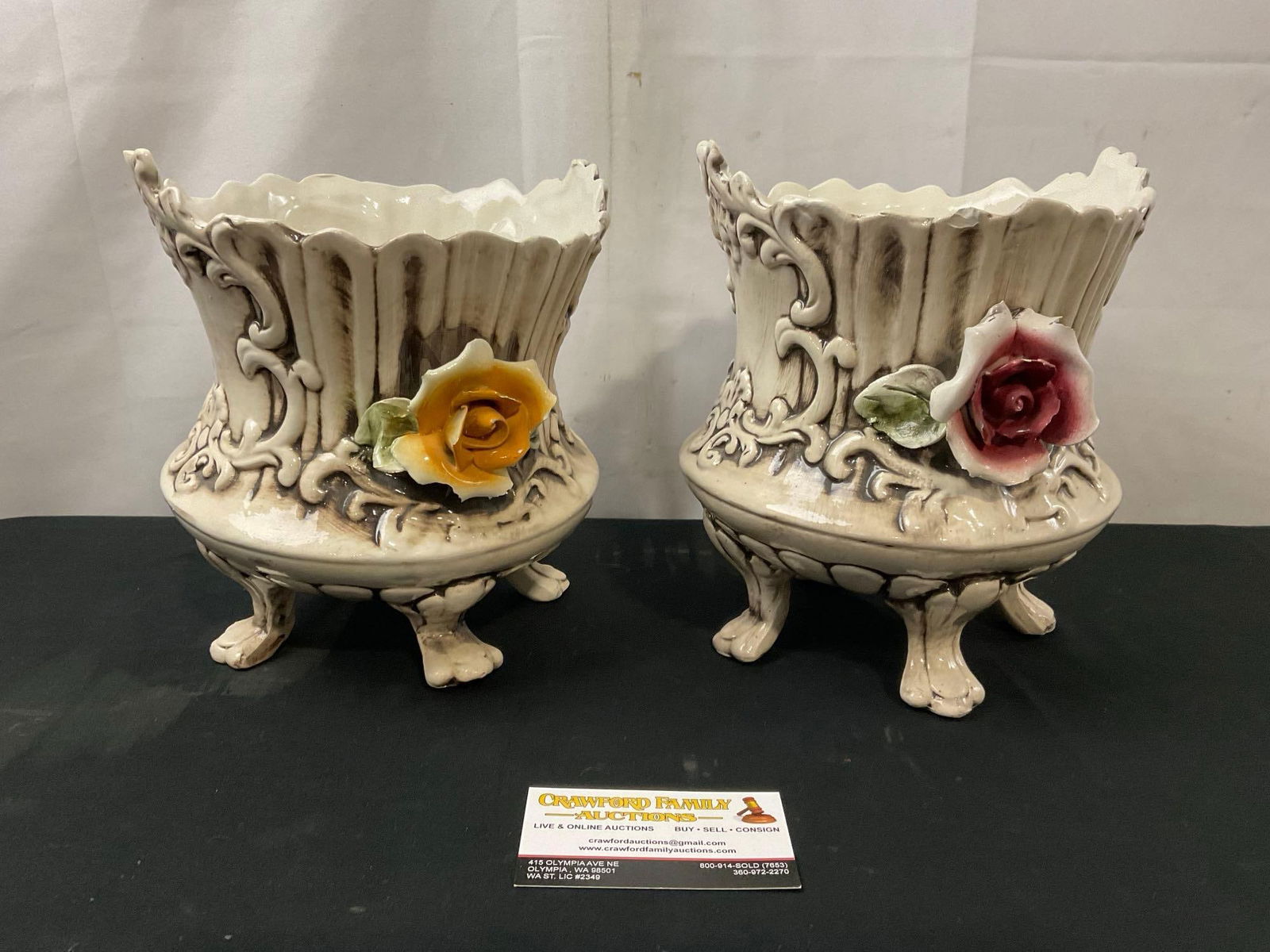 Pair of Capodimonte Porcelain Footed Bowls, Floral Details, 8 inches tall: Appears to be in good shape, fragile flower details. The pieces measure approx 8h x 7w inches. See pics. E-414