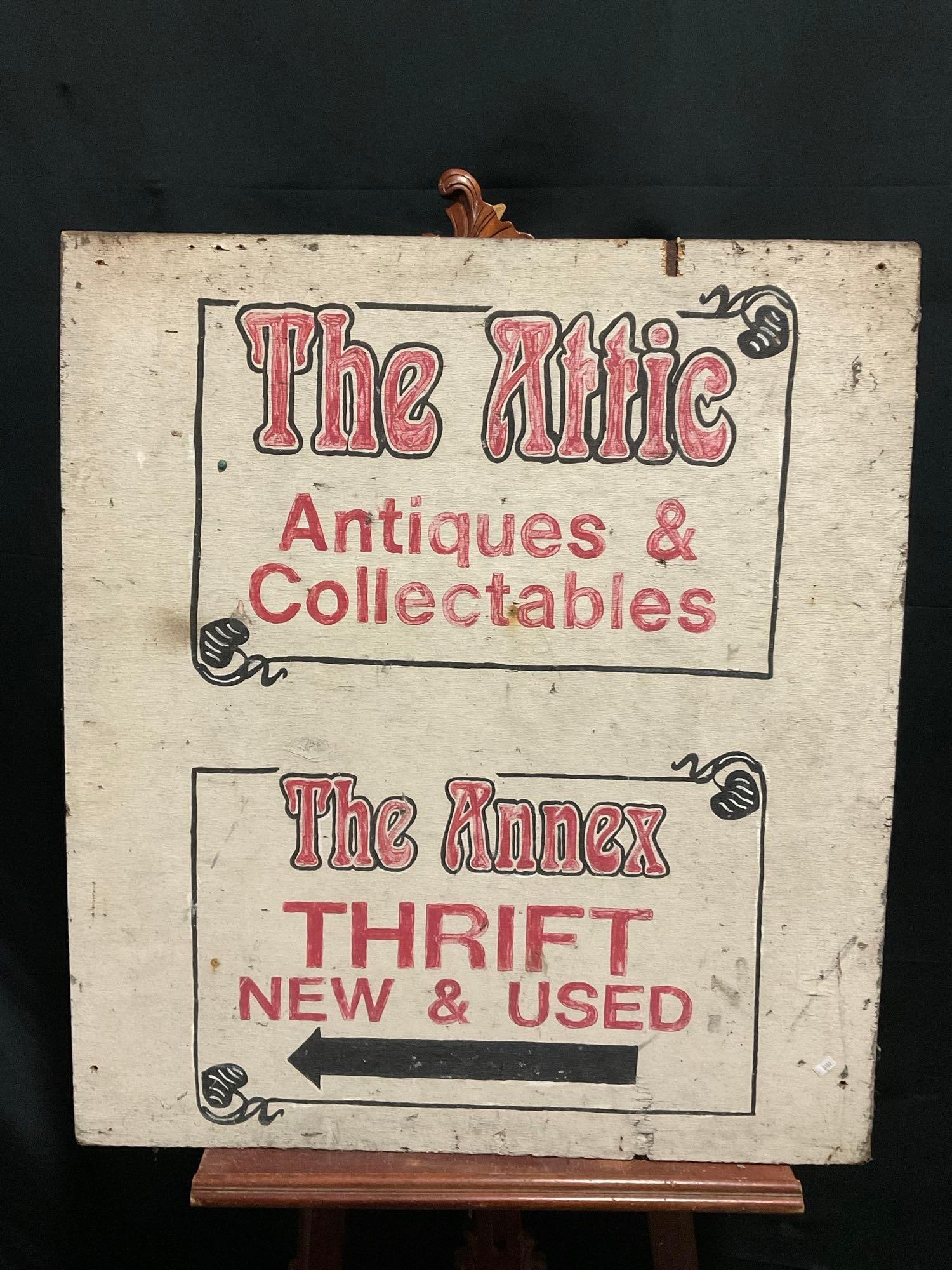 Wooden Antiques Store Sign, White w/ Red Lettering, measures approx 36 x 32 inches: Appears to be in good shape. The outside dimensions measures approx 36h x 32w inches. See pics. E-3190