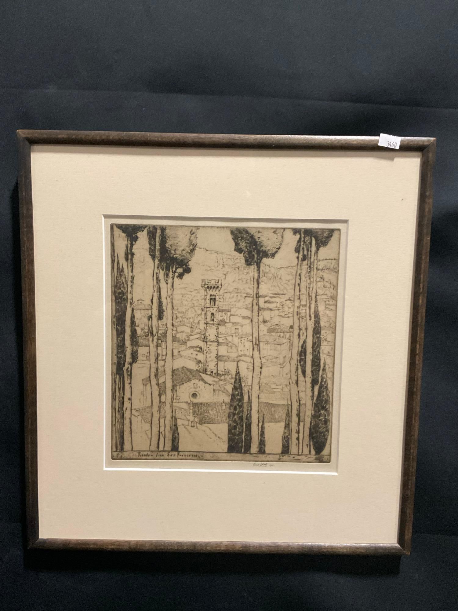 Framed Antique Etching, Fiesole from San Francesco by Ernest D. Roth 1912, 17h x 16w inches (1 of 8)
