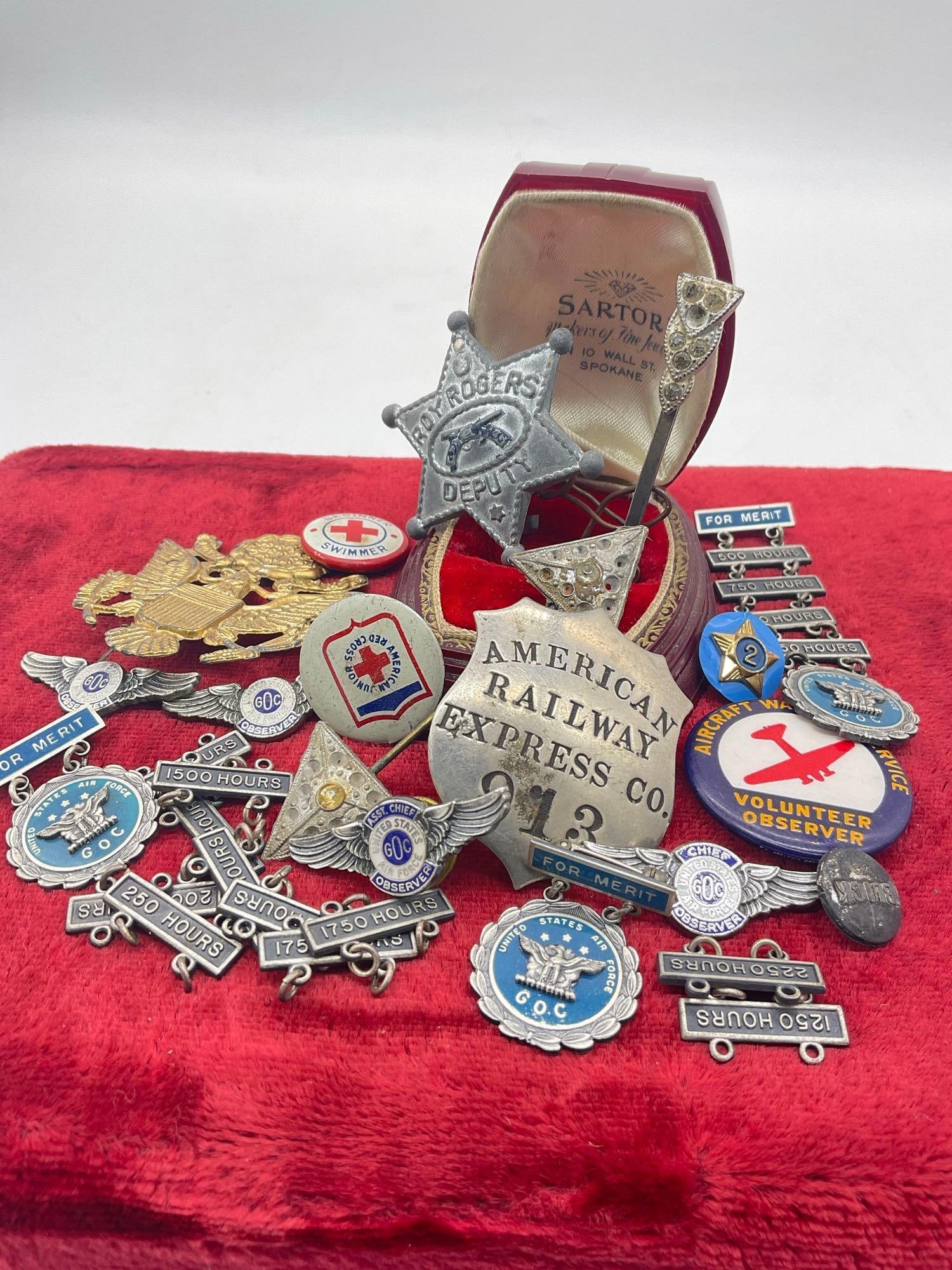 Assortment Badges & pins incl American Express RR & Roy Rodgers Deputy, military + Coin Purse (1 of 5)