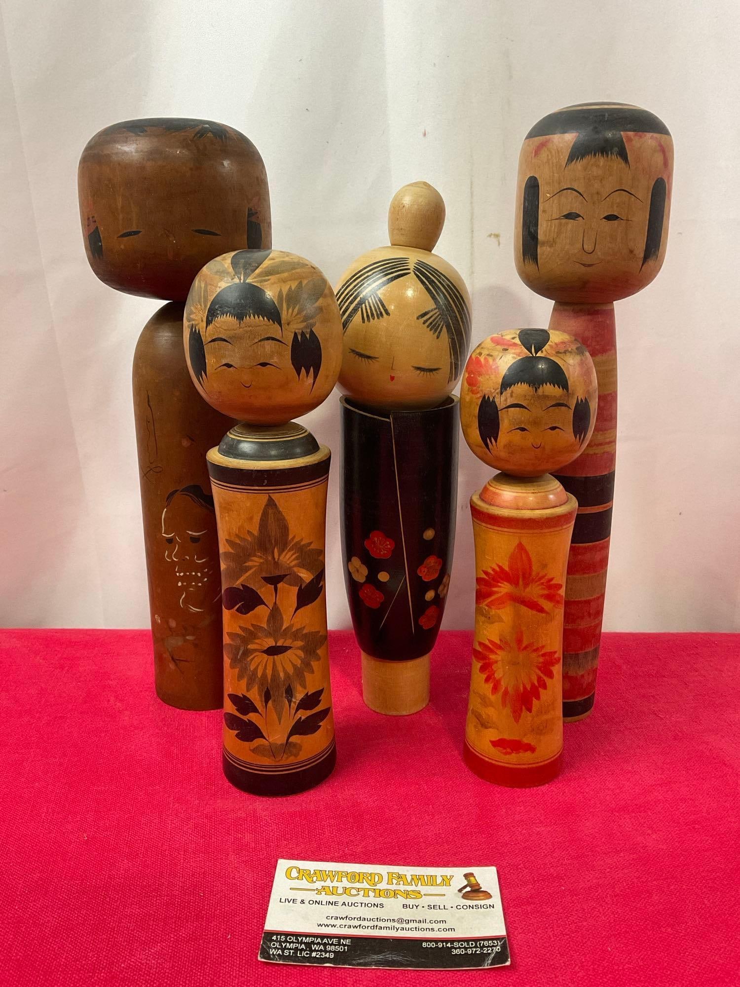 6 Wooden Japanese Dolls, Handpainted and handcarved, the tallest is 12 inches tall: Appears to be in good shape. The tallest piece measures approx 12 inches. See pics. E-3500