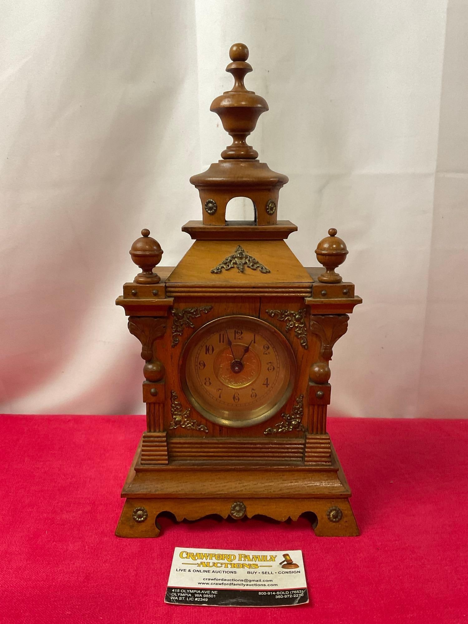 Hamburg Amerikanische Uhrenfabrik Mantel Clock, Wood & Brass Filigree, 14h x 7w x 4.5d inches: Appears to be in good shape. The piece measures approx 14h x 7w x 4.5d inches. See pics. E-3510