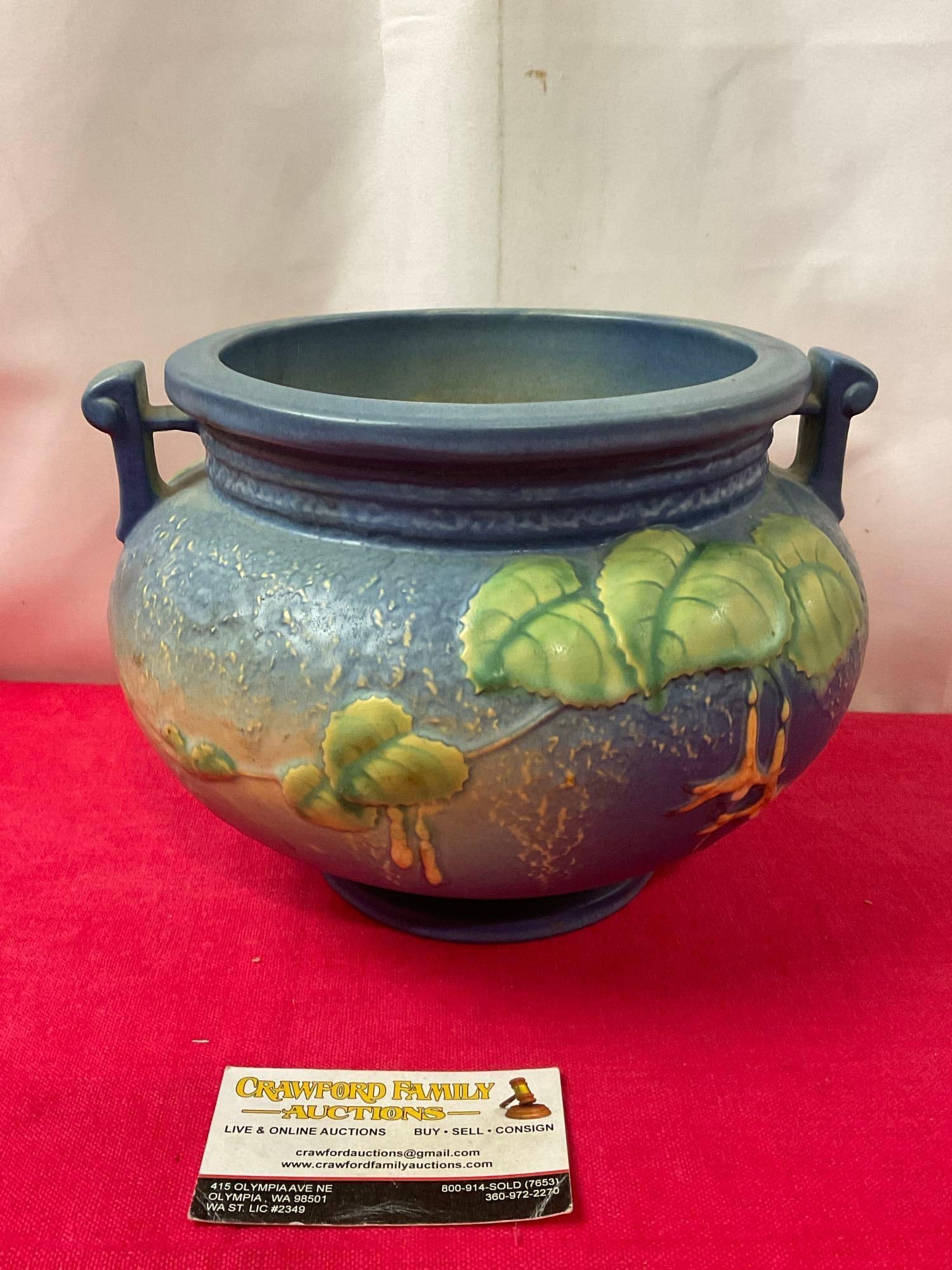 Vintage Mid Century Roseville shape 645-3, Fuschia Pattern, Blue Jardiniere 7 x 9.5 inches (1 of 5)