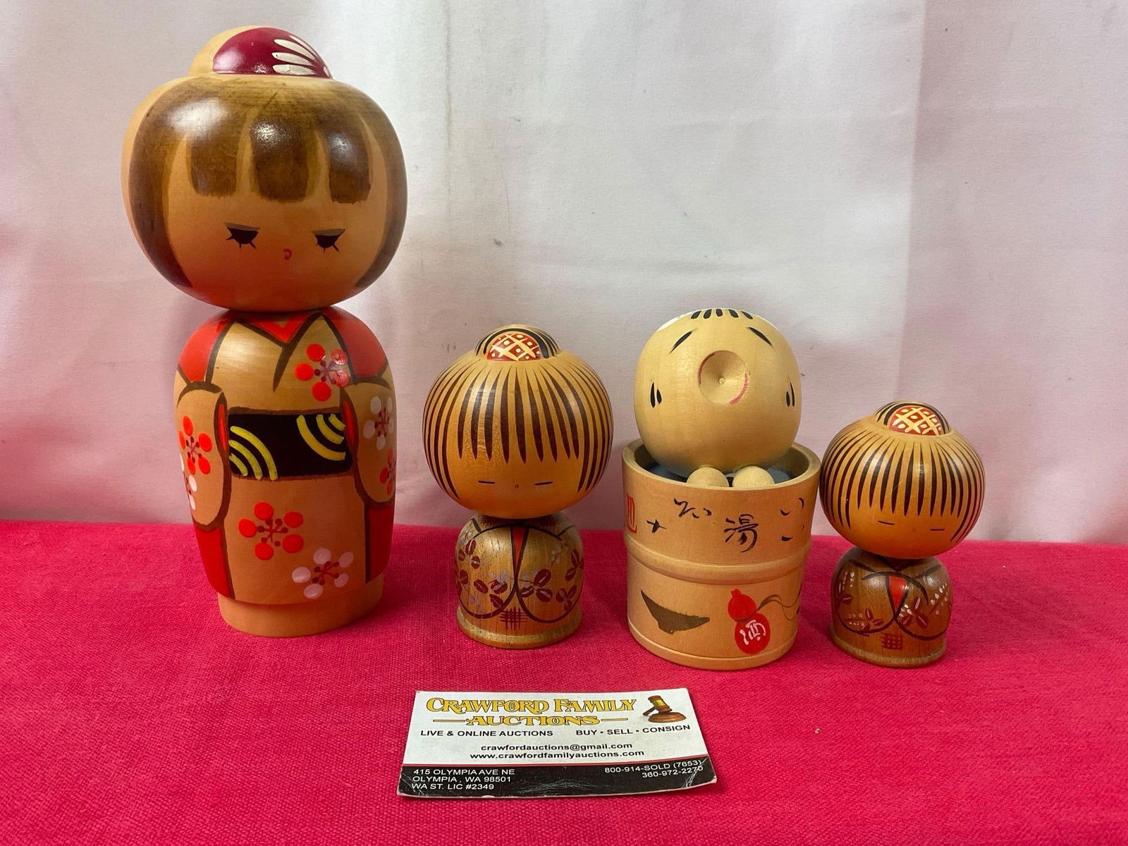 4 Japanese Kokeshi Dolls, 1 Larger 8.5 inches, and Three Children, handpainted & carved (1 of 5)