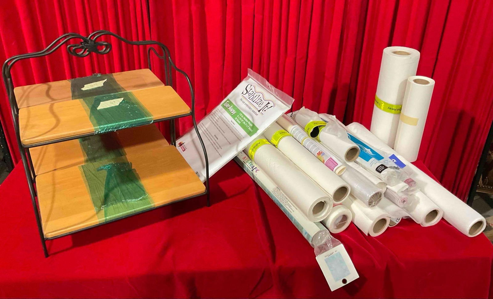 18 pcs Sewing Notions & 2 Decorative Shelves. Embroidery Stabilizer Rolls & More! See pics. (1 of 7)