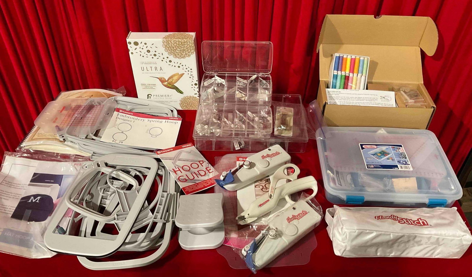 Large Sewing Notions & Embroidery Supply Assortment. HandyStitch, Husqvarna & More! See pics.: Large Sewing Notions & Embroidery Supply Assortment. HandyStitch, Husqvarna & More! 2 HandyStitch, including 1 NIB. Whizzers Scissors. Multiple feet and attachments for sewing machines, hoops,