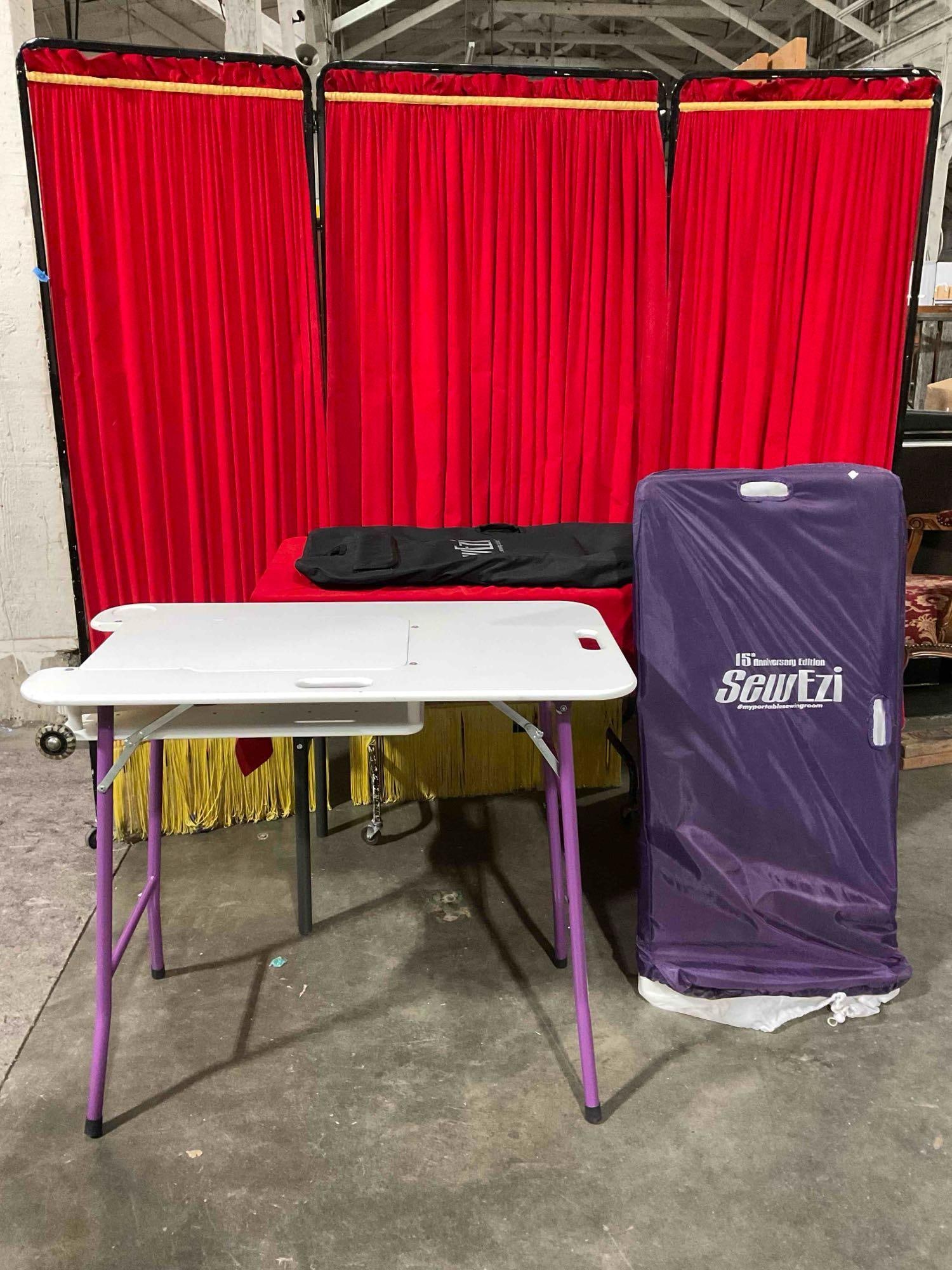 2 pcs SewEzi Collapsible Portable Sewing Tables, 1 in Very Good Condition, 1 in Packaging. See pi...: 2 pcs SewEzi Collapsible Portable Sewing Tables, 1 in Very Good Condition, 1 in Packaging. Very Good Condition. Measures 18" x 6" x 36" DM-2940 *Freight Required if shipped*