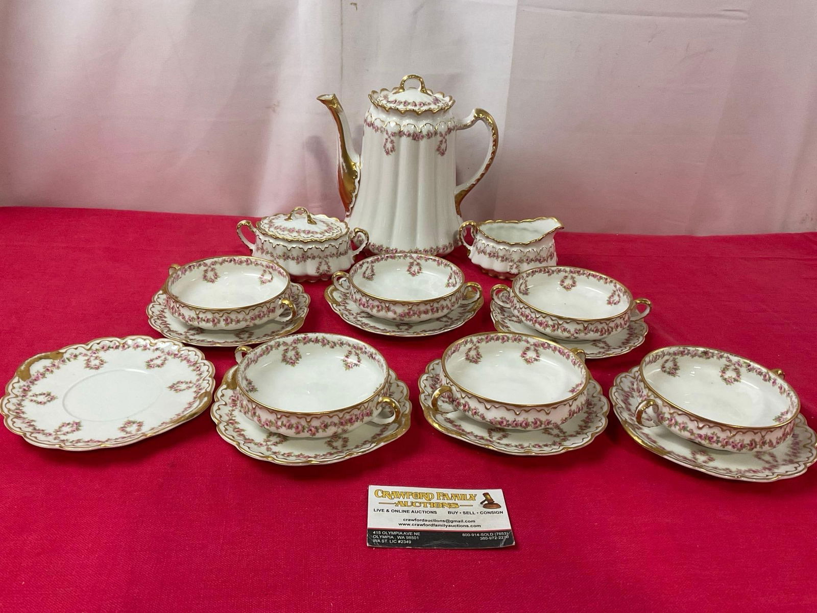 Vintage Theodore Haviland Limoges #319 China, Handled Soup Bowls w/ Saucers, creamer, sugar & Tea... (1 of 4)