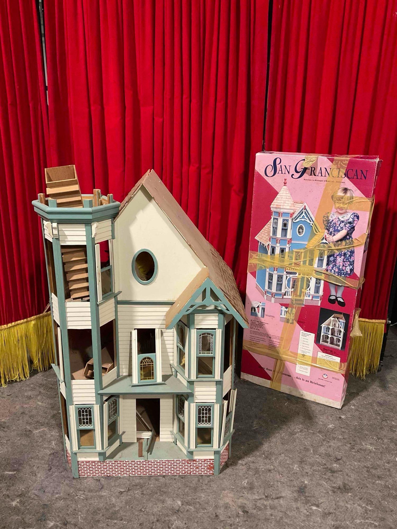 Vintage Dura-Craft San Franciscan Wooden Dollhouse w/ Box. Condition As Is. See pics.: Vintage Dura-Craft San Franciscan Wooden Dollhouse w/ Box. Condition As Is, well loved, fragile and in many pieces, could be reassembled. Measures 24" x 20" x 36" DM-3540 *No shipping, size*