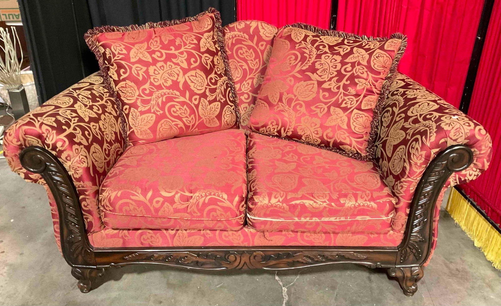Hughes Plush 2-Seat Sofa Loveseat w/ Red & Gold Paisley Fabric. Excellent Condition. See pics.: Hughes Plush 2-Seat Sofa Loveseat w/ Red & Gold Paisley Fabric. Minor wear, in otherwise Excellent Condition. Measures 68" x 40" x 40" DM-3570 *Freight Required if shipped*
