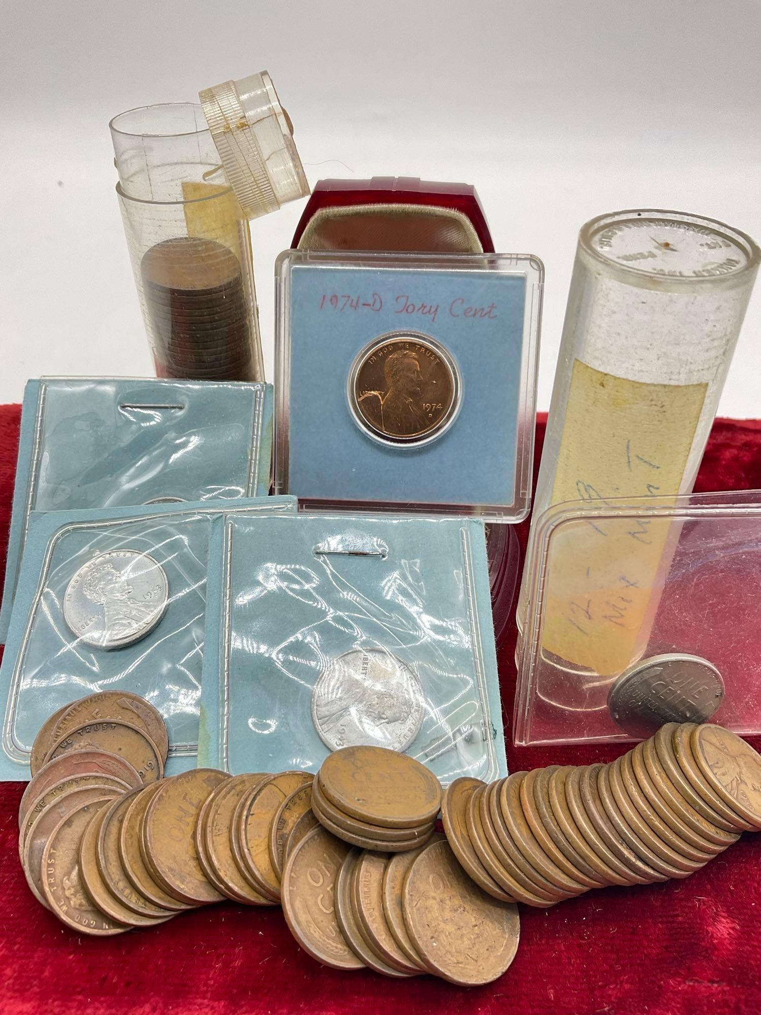 2 x tubes of antique Wheat Pennies marked 1920-29 , 1912-1919 mixed mint marks plus error coin (1 of 3)