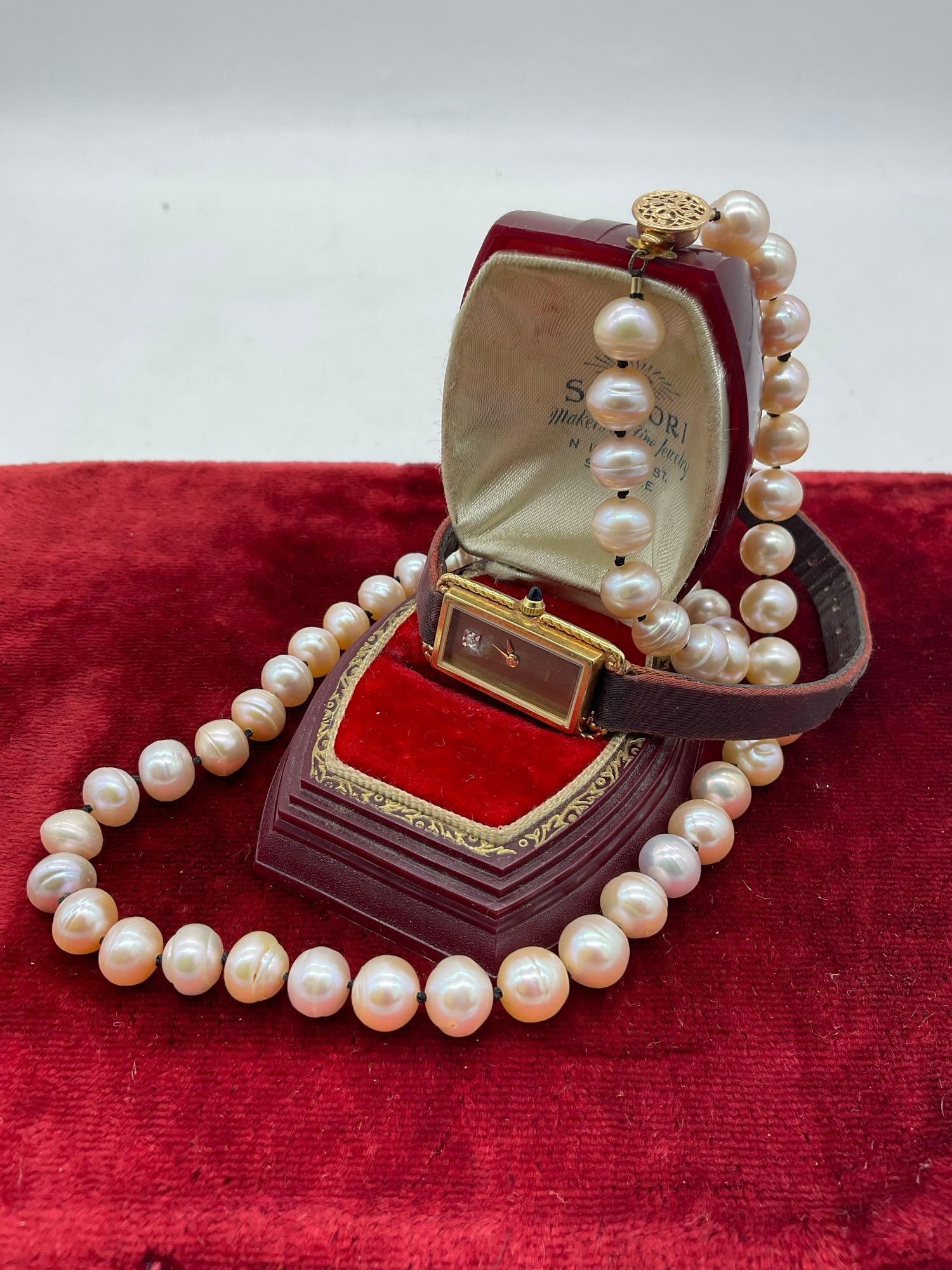 16" Inch Pearl Necklace w/ 14k gold clasp plus ladies Acutron watch w/ Center stone Daimond? (1 of 4)