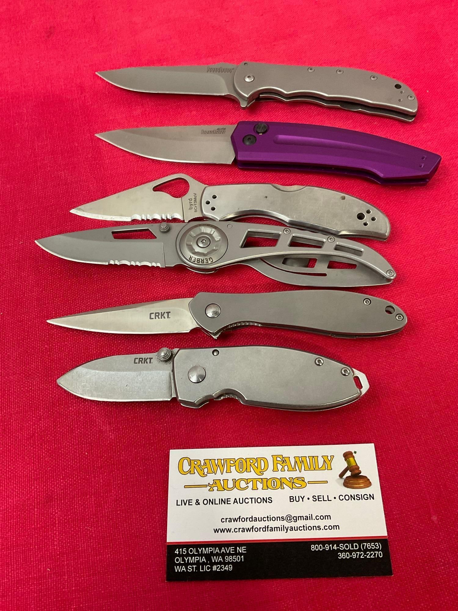 6 Folding Pocket Knives, 2x CRKT, Gerber, Byrd & Pair of Kershaw Knives, 2-3 inch blades (1 of 5)