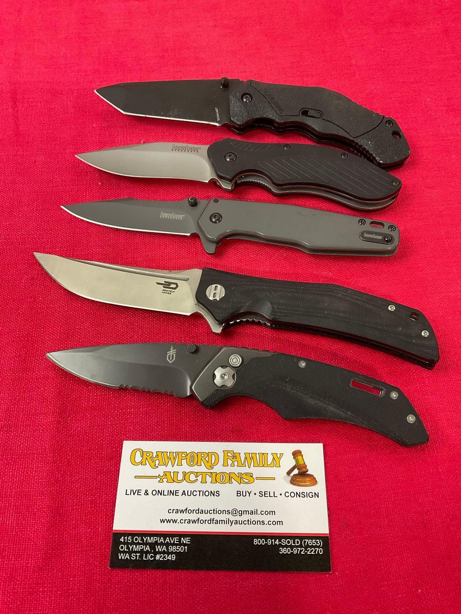 5 Folding Pocket Knives, Gerber, Bestech, Pair of Kershaw & Schrade piece, 3-3.5 inches long blades (1 of 4)
