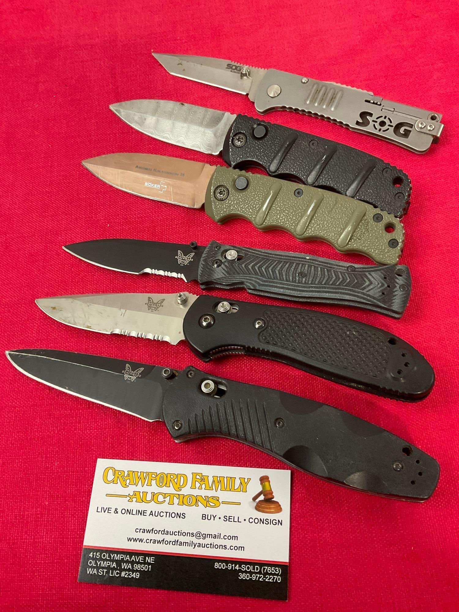 6 Folding Pocket Knives, Benchmade, Boker, and SOG. Variety of Styles (1 of 7)