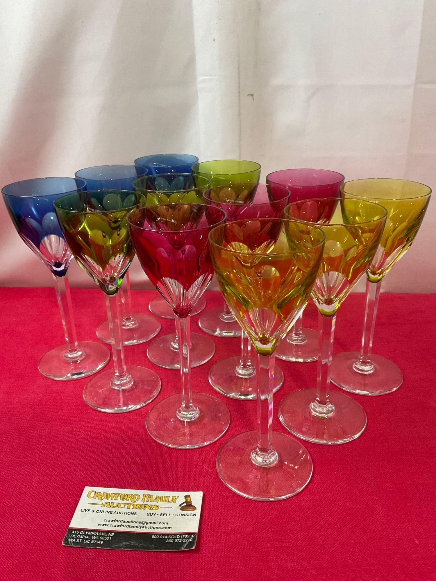 Set of 12 Val Saint Lambert Cut Crystal Wine Goblets, 4 colors: Appears to be in good shape. All of the pieces are marked on the bottom. . See pics. E-3530